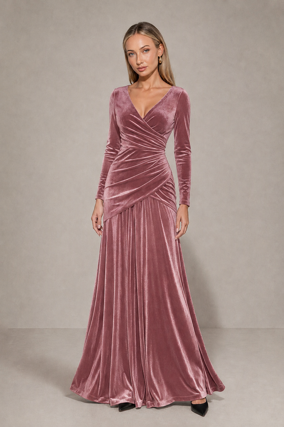 BOLODOO Dusty Rose Velvet Long Sleeve V-Neck Ruched Evening Dress - Dusty Rose - Dusty_Rose_3
