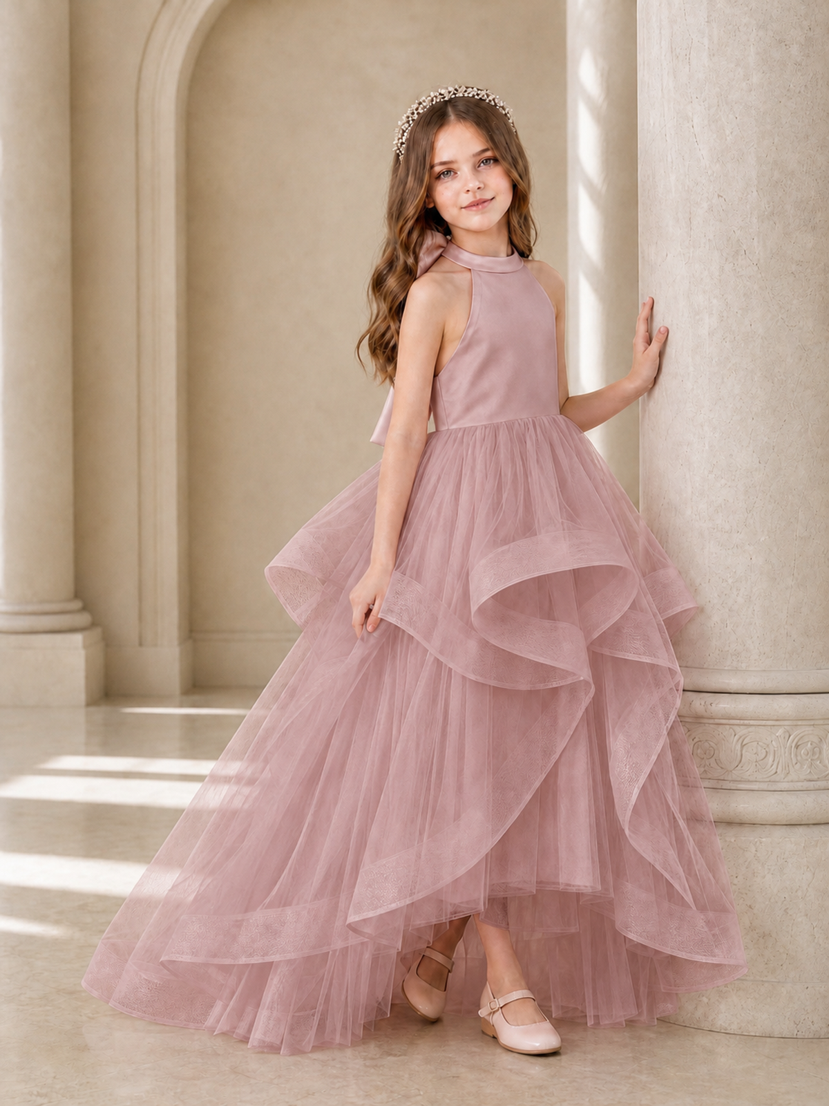 BOLODOO Dusty Rose Halter Tiered Tulle Flower Girl Dress with Bow Back - Dusty Rose - Dusty Rose_3