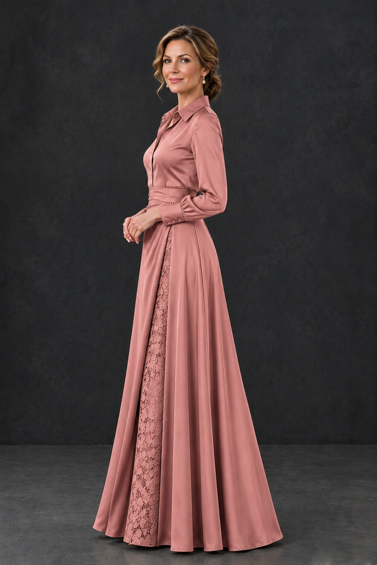 BOLODOO Dusty Rose Long Sleeve Satin-Look Lace Panel Gown - Dusty Rose - Dusty Rose_3