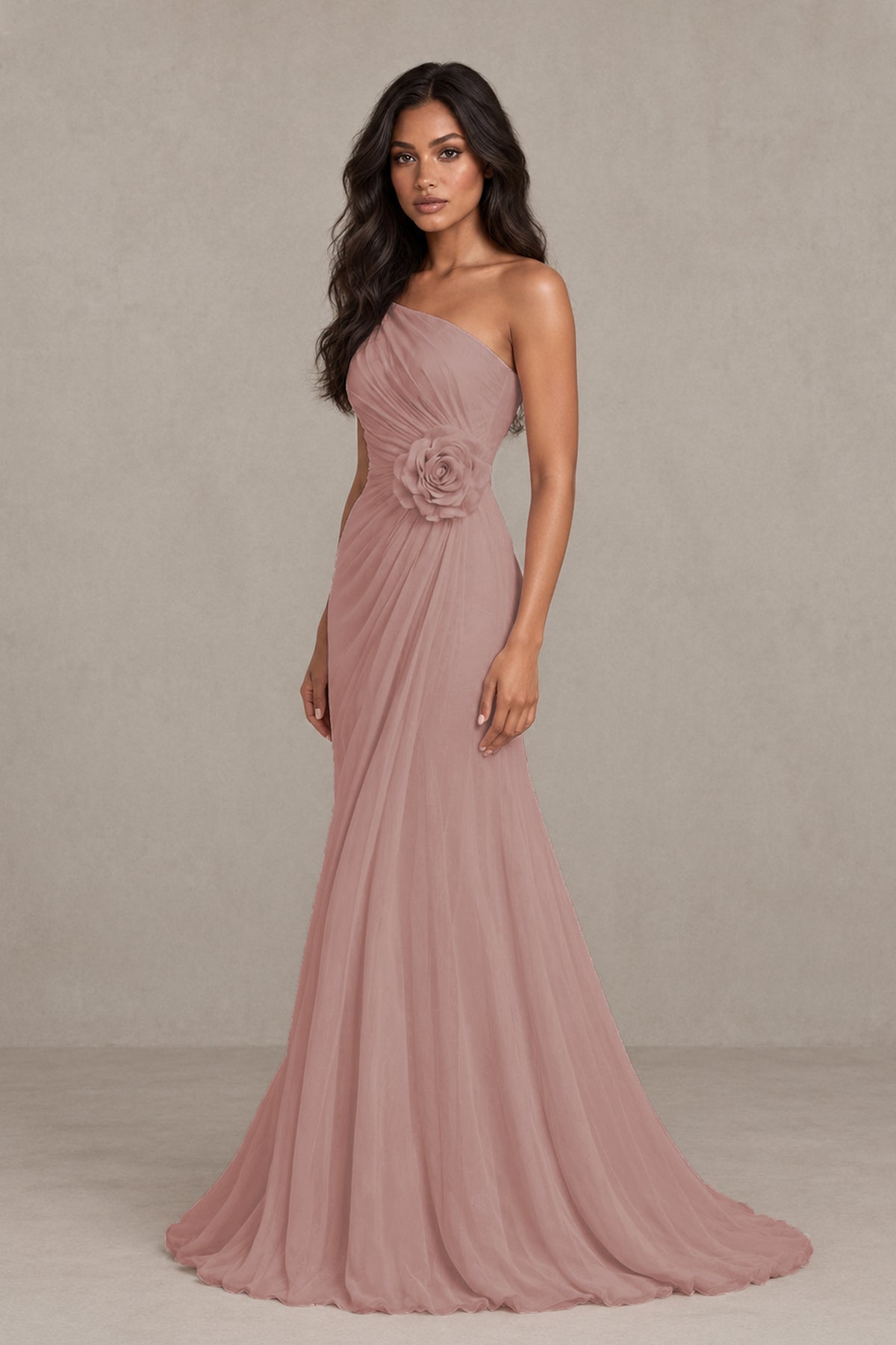 BOLODOO Dusty Rose One-Shoulder Floral Ruched Maxi Dress - Dusty Rose