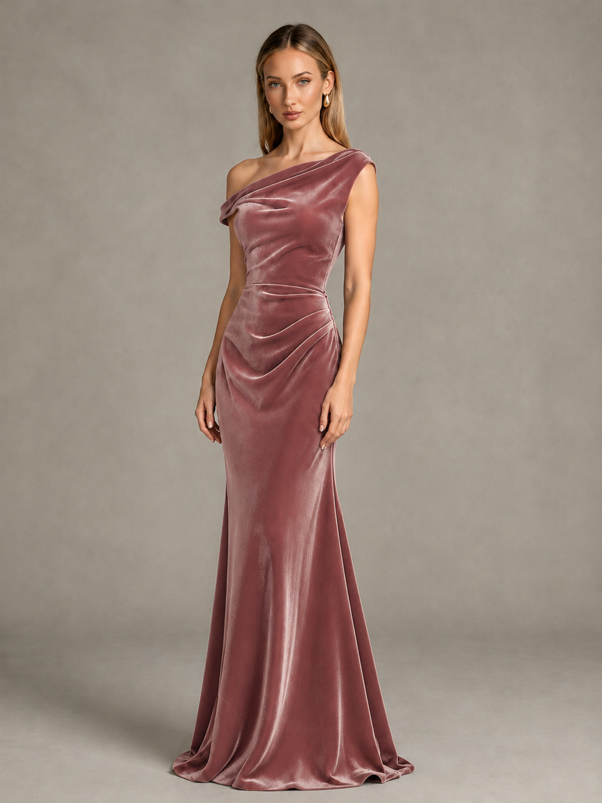 BOLODOO Dusty Rose One-Shoulder Velvet Mermaid Evening Gown - Dusty Rose - Dusty Rose_3