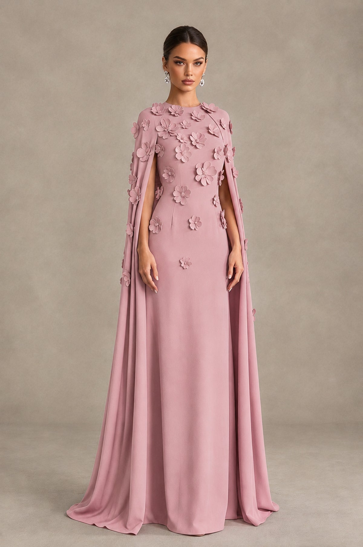 BOLODOO Dusty Rose 3D Floral Applique Cape Formal Dress - Dusty Rose - Dusty Rose_3