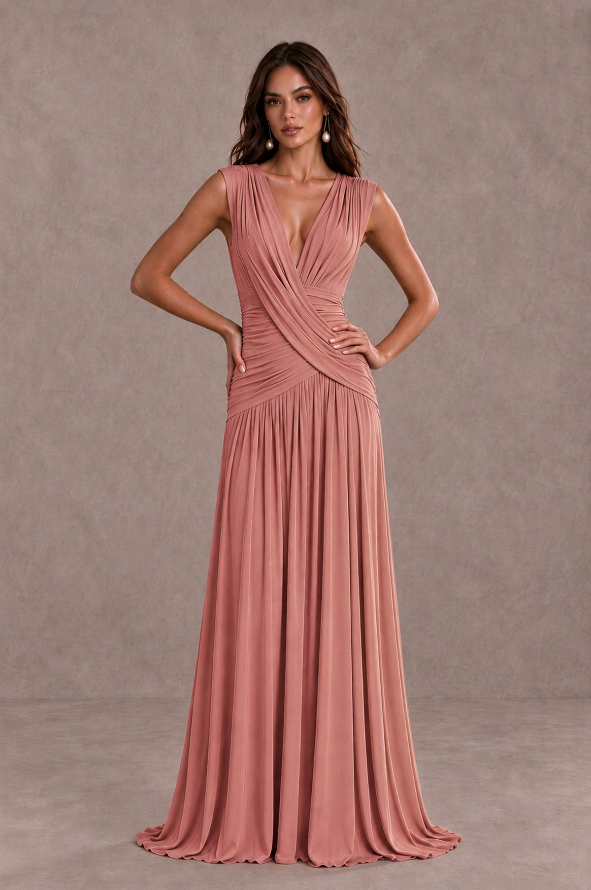 BOLODOO Dusty Rose V-Neck Ruched Wedding Guest Dress - Dusty Rose - Dusty Rose_3