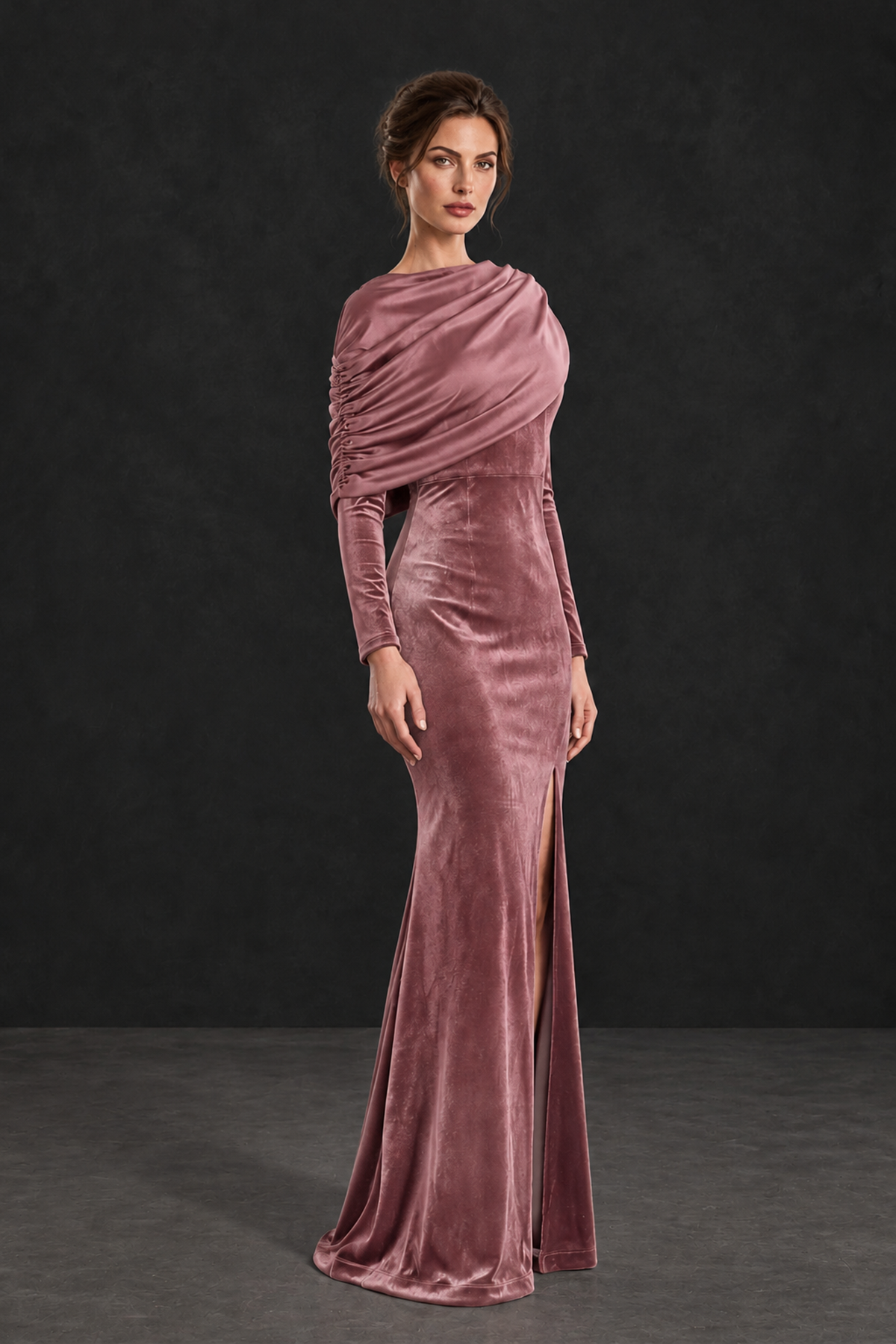 BOLODOO Dusty Rose Velvet Long Sleeve Draped Mother of the Bride Dress - Dusty Rose - Dusty_Rose_3