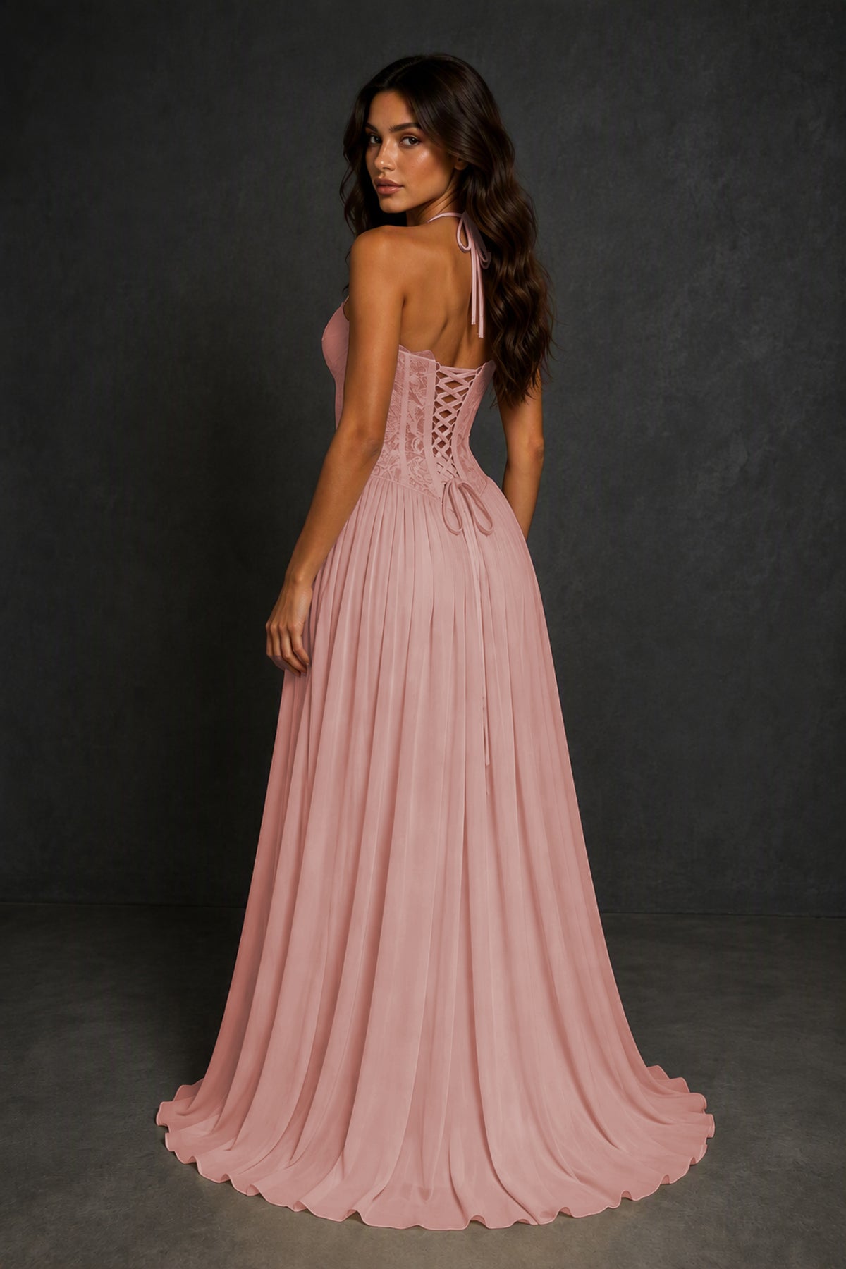 BOLODOO Dusty Rose Lace Corset Halter Maxi Gown – Backless A-Line Formal Dress - Dusty Rose