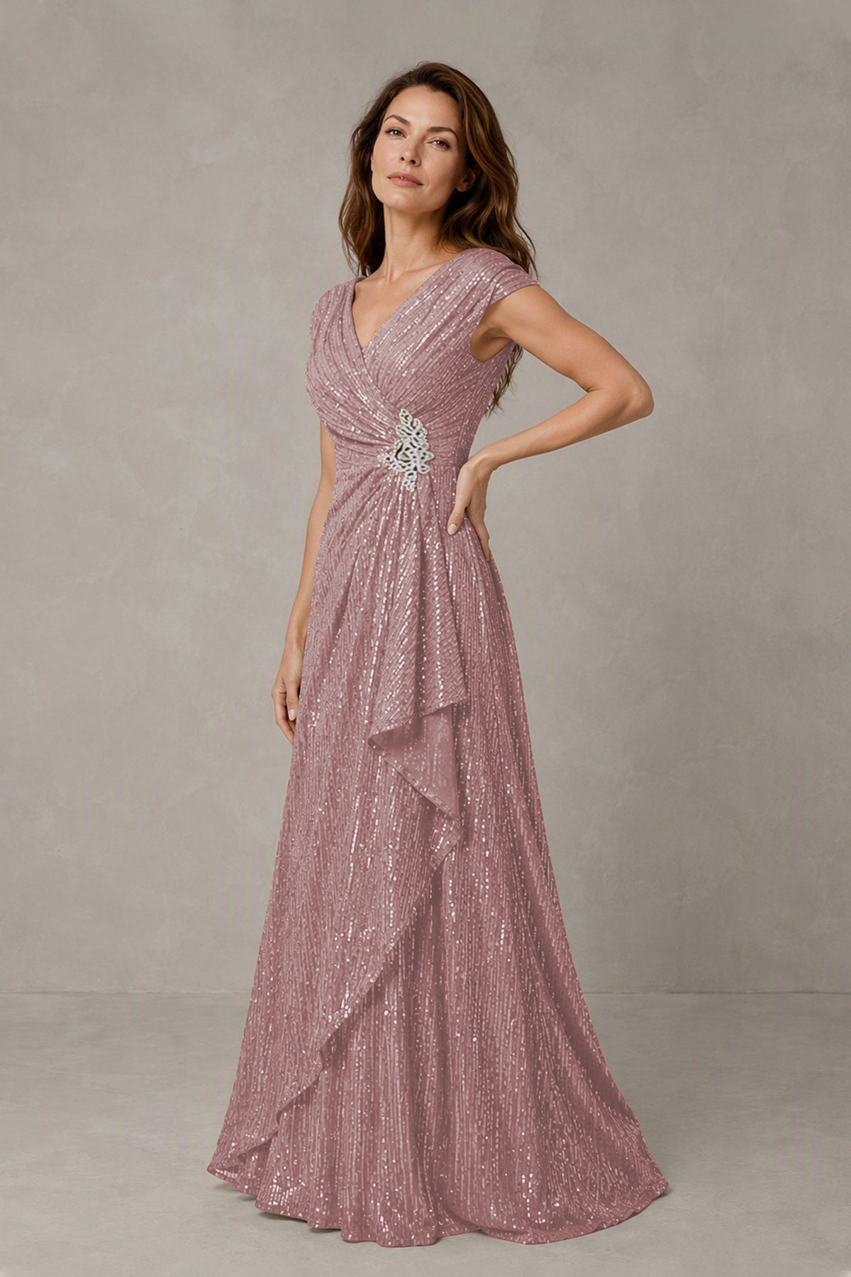 BOLODOO Dusty Rose Sequin V-Neck Cap Sleeve Maxi Dress - Dusty Rose