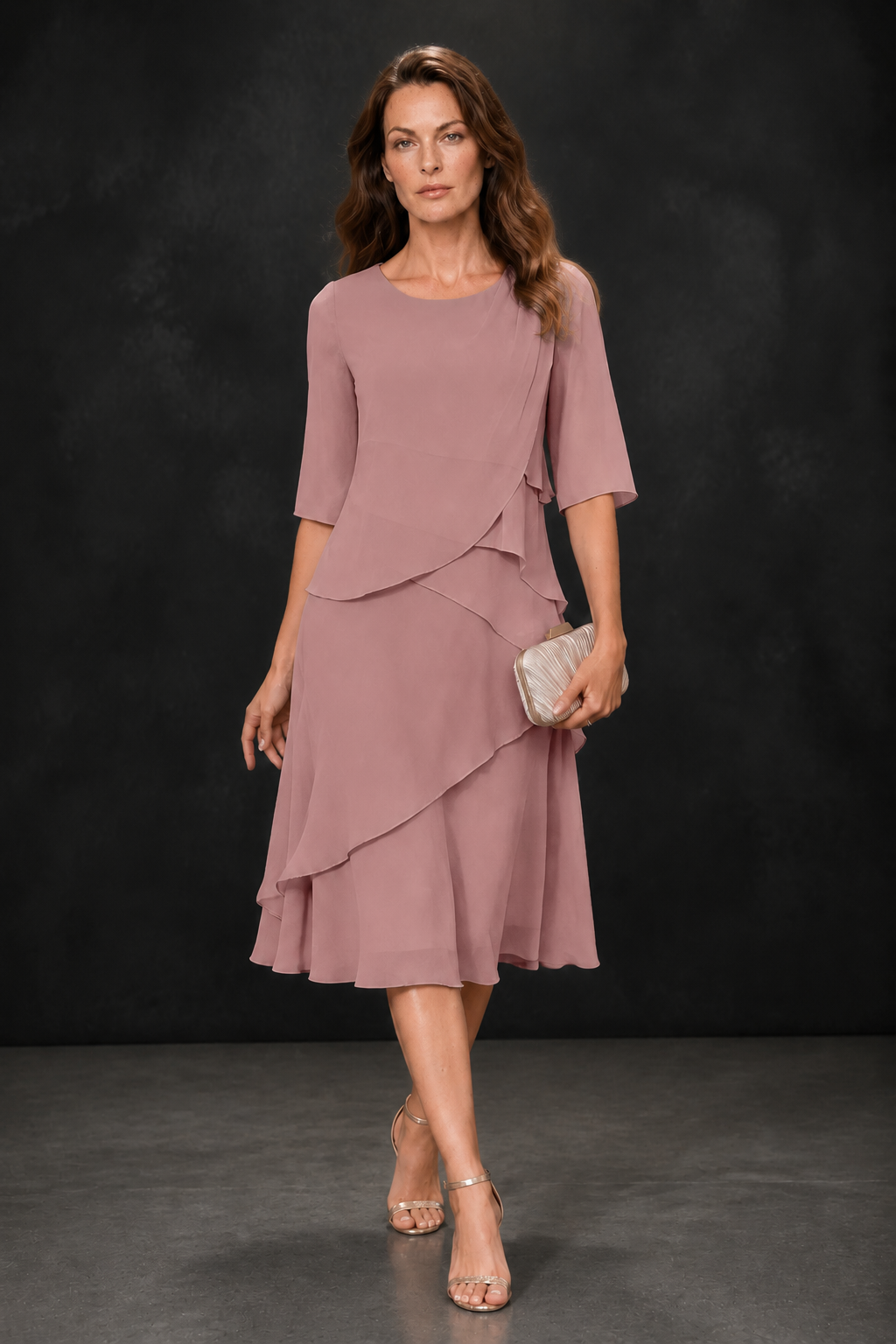 BOLODOO Dusty Rose Chiffon 3/4 Sleeve Asymmetric Tiered Tea Length Dress | Mother of the Bride Midi Dress - Dusty Rose