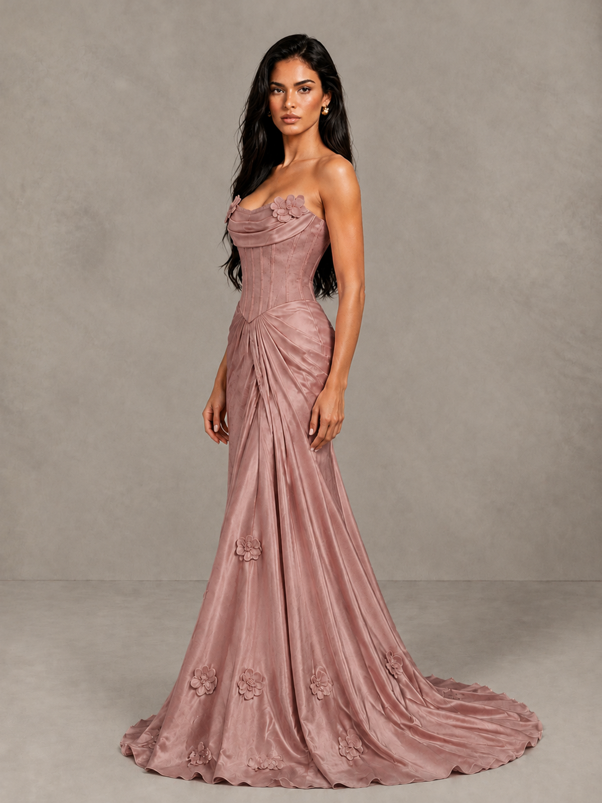 BOLODOO Dusty Rose Strapless Floral Corset Evening Gown with Train - Dusty Rose - Dusty Rose_3