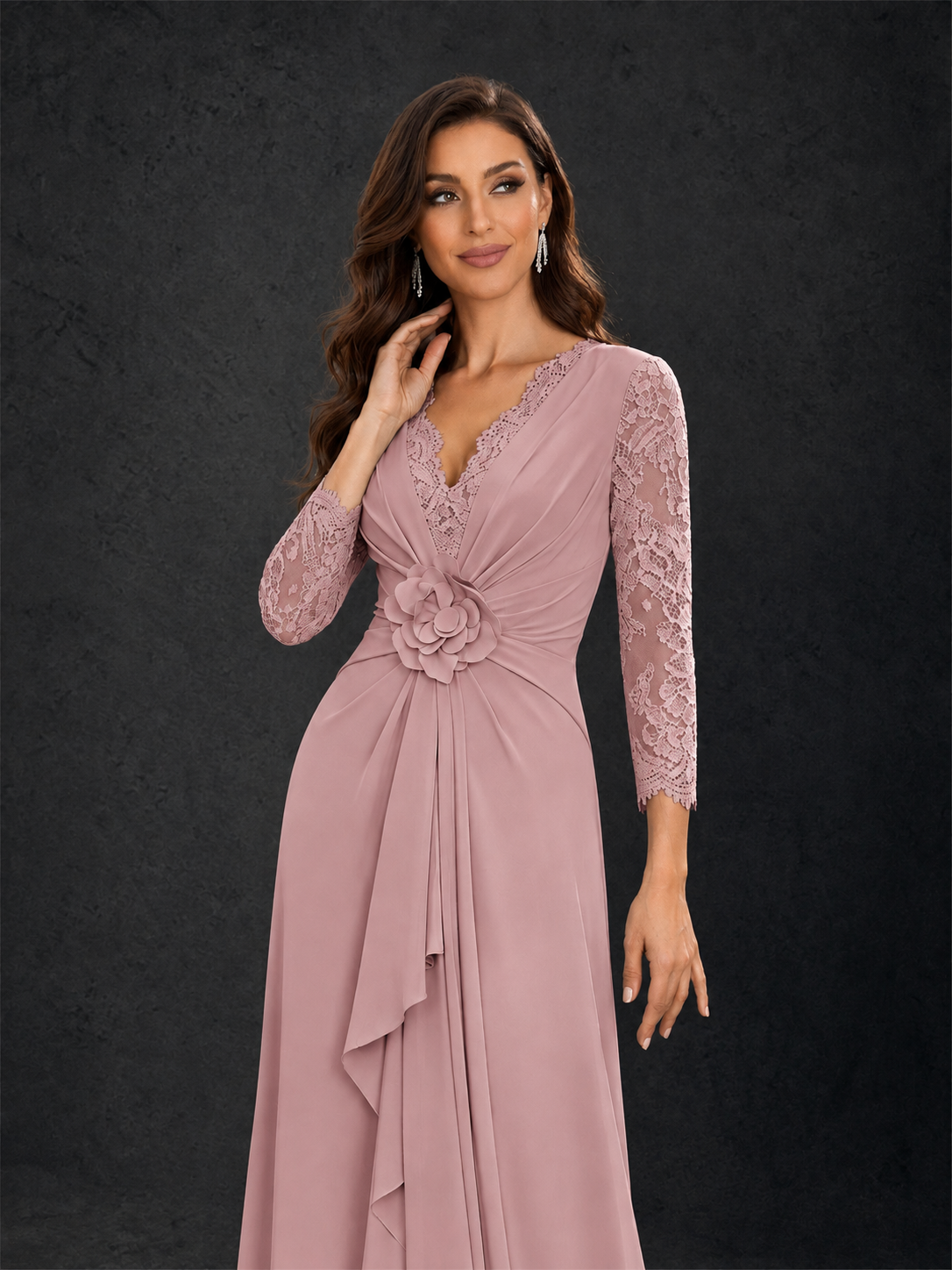 BOLODOO Dusty Rose Lace Sleeve V-Neck Floral Waist Chiffon A-Line Maxi Dress - Dusty Rose