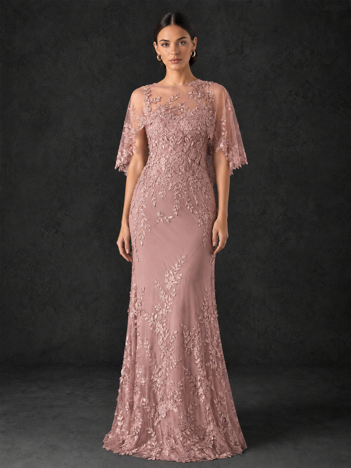 BOLODOO Mocha Rose Botanical Lace Flutter Sleeve Mermaid Gown - Dusty Rose - Dusty Rose