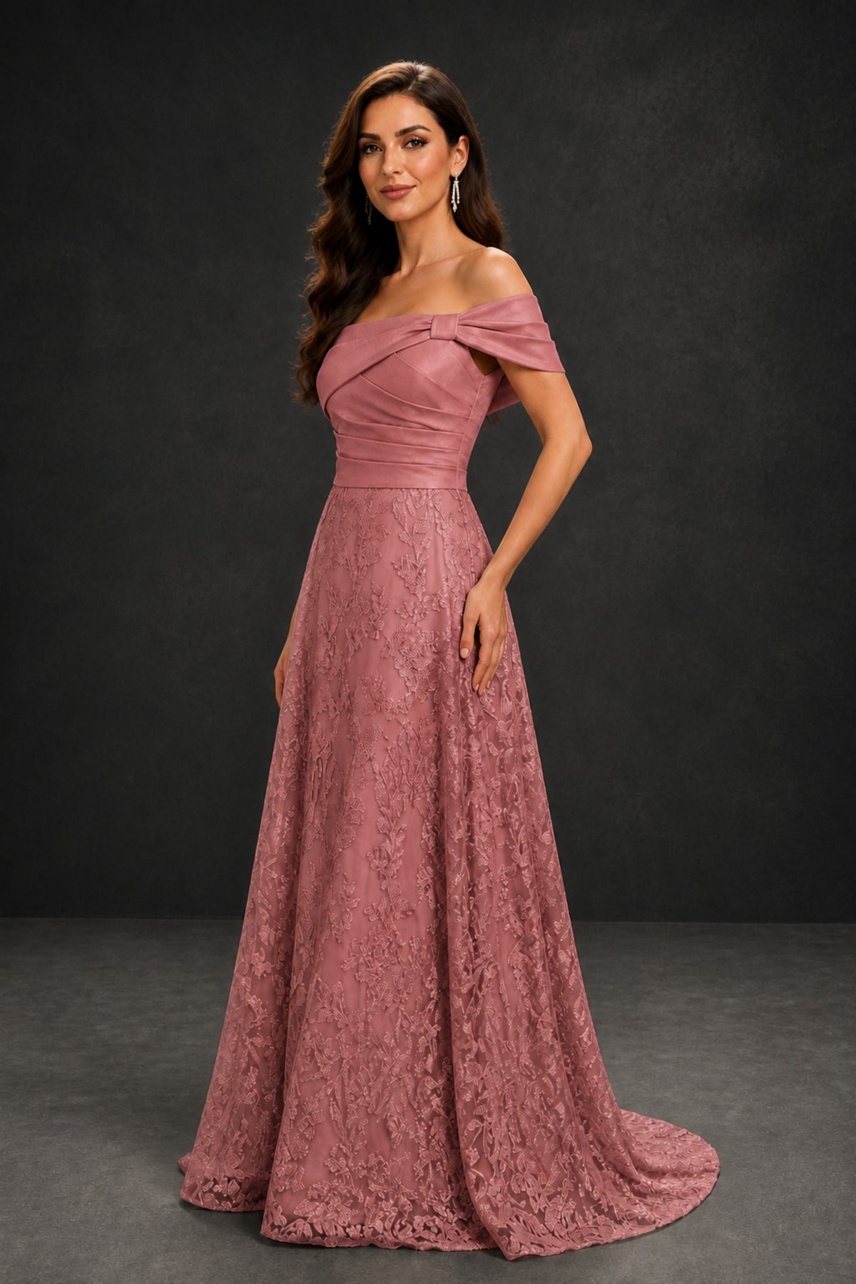 BOLODOO Dusty Rose Lace Glitter Off Shoulder Cap Sleeve A-Line Ball Gown with Train – Formal Evening Dress - Dusty Rose