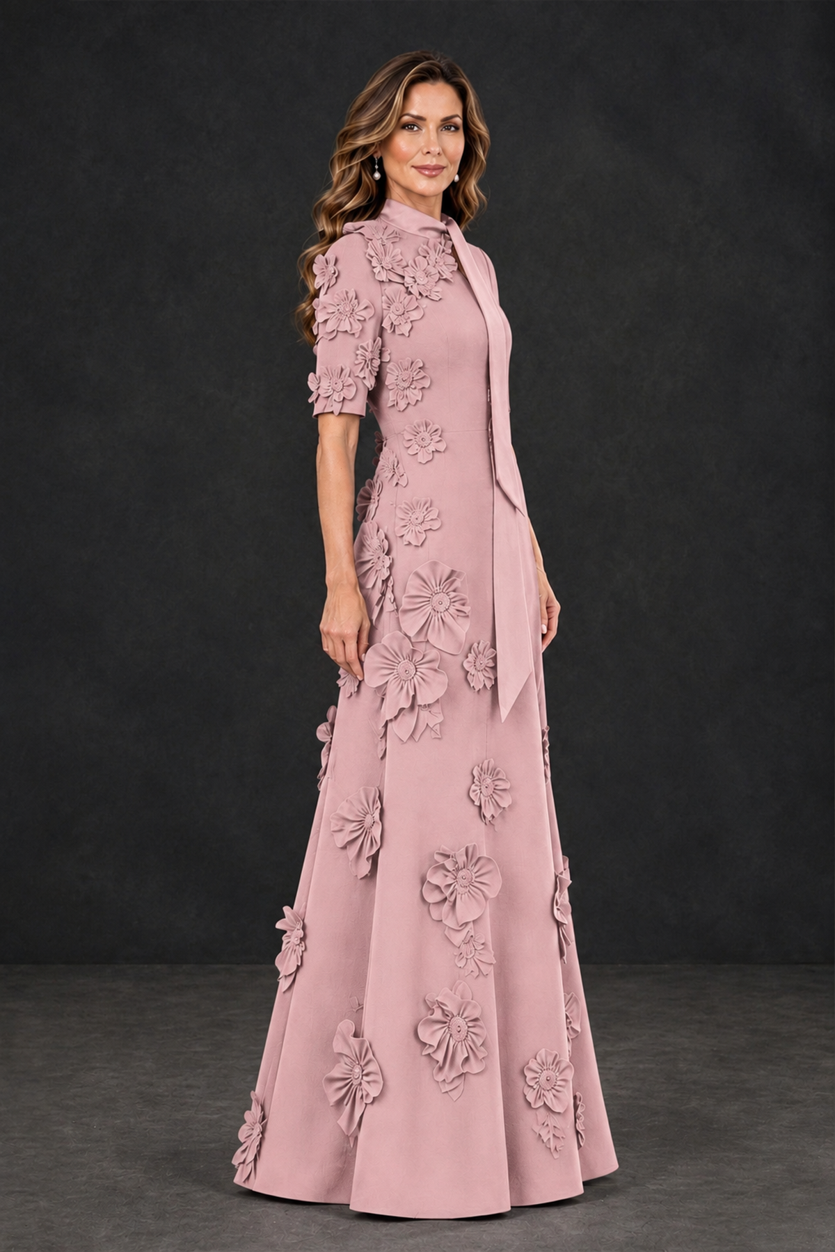 BOLODOO Dusty Rose Floral Applique High-Neck Half-Sleeve Gown - Dusty Rose - Dusty Rose_3
