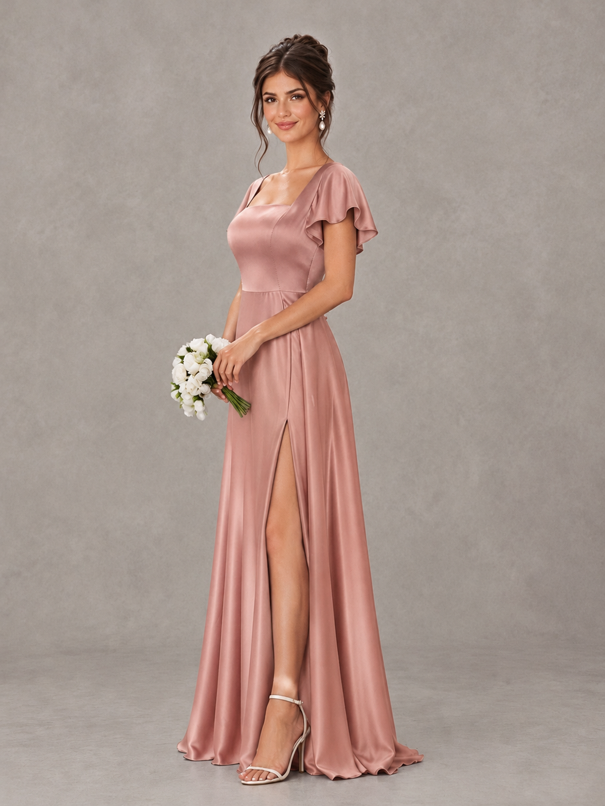 BOLODOO Dusty Rose Satin Square Neck Flutter Sleeve A-Line Bridesmaid Dress with Slit - Dusty Rose - Dusty Rose_3