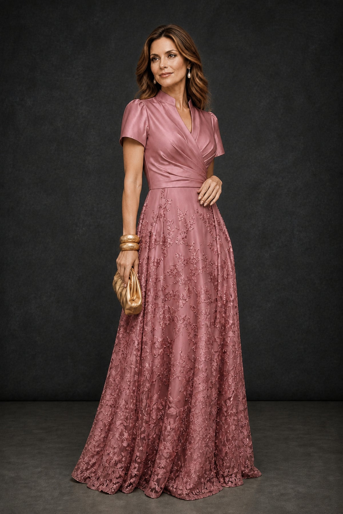 BOLODOO Dusty Rose Satin Wrap V-Neck Short Sleeve Lace Glitter A-Line Floor Length Evening Gown – Formal Dress - Dusty Rose