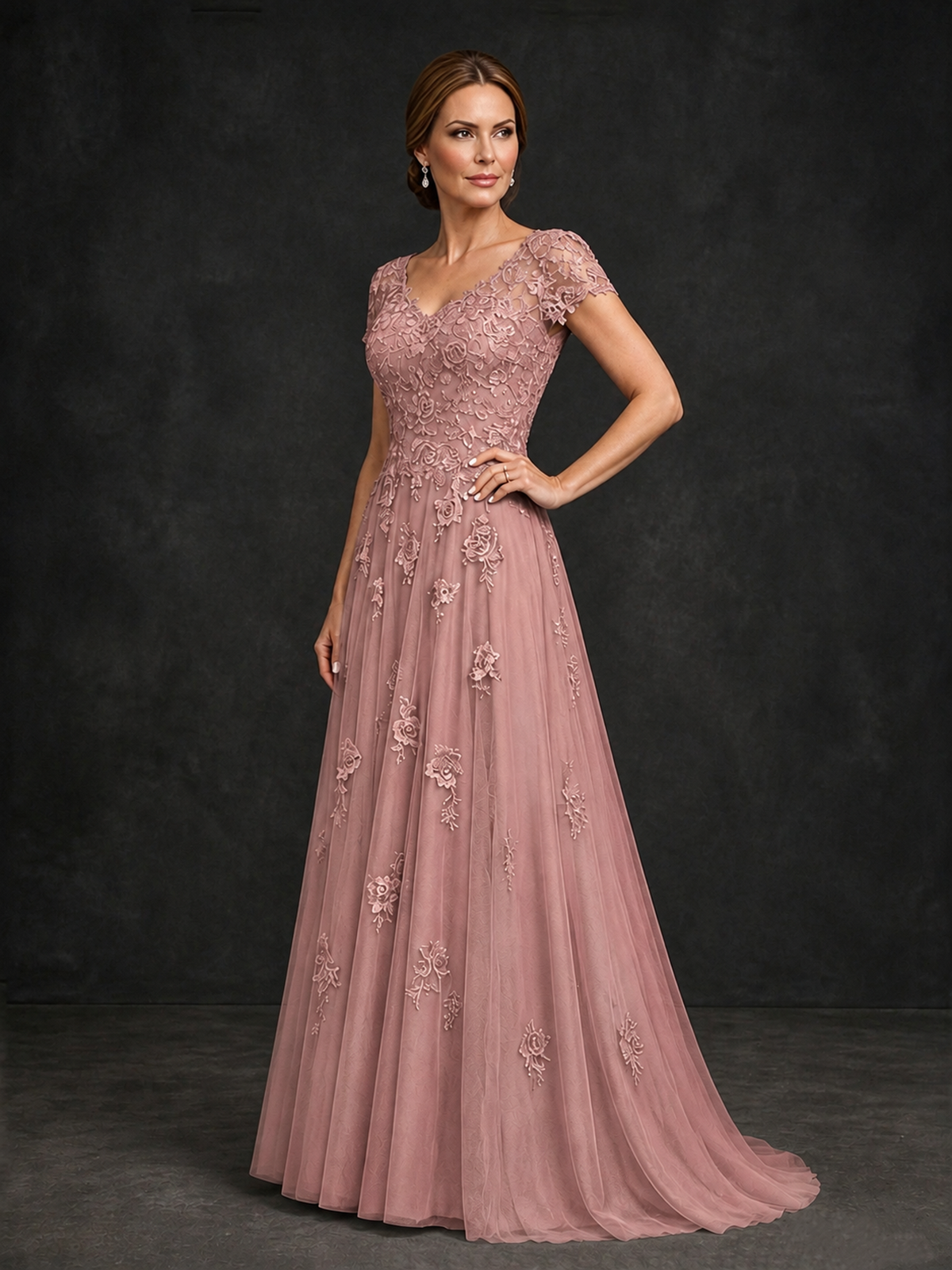BOLODOO Dusty Rose Cap Sleeve Lace Appliqué A-Line Formal Gown | Mother of the Bride Dress - Dusty Rose - Dusty Rose_3