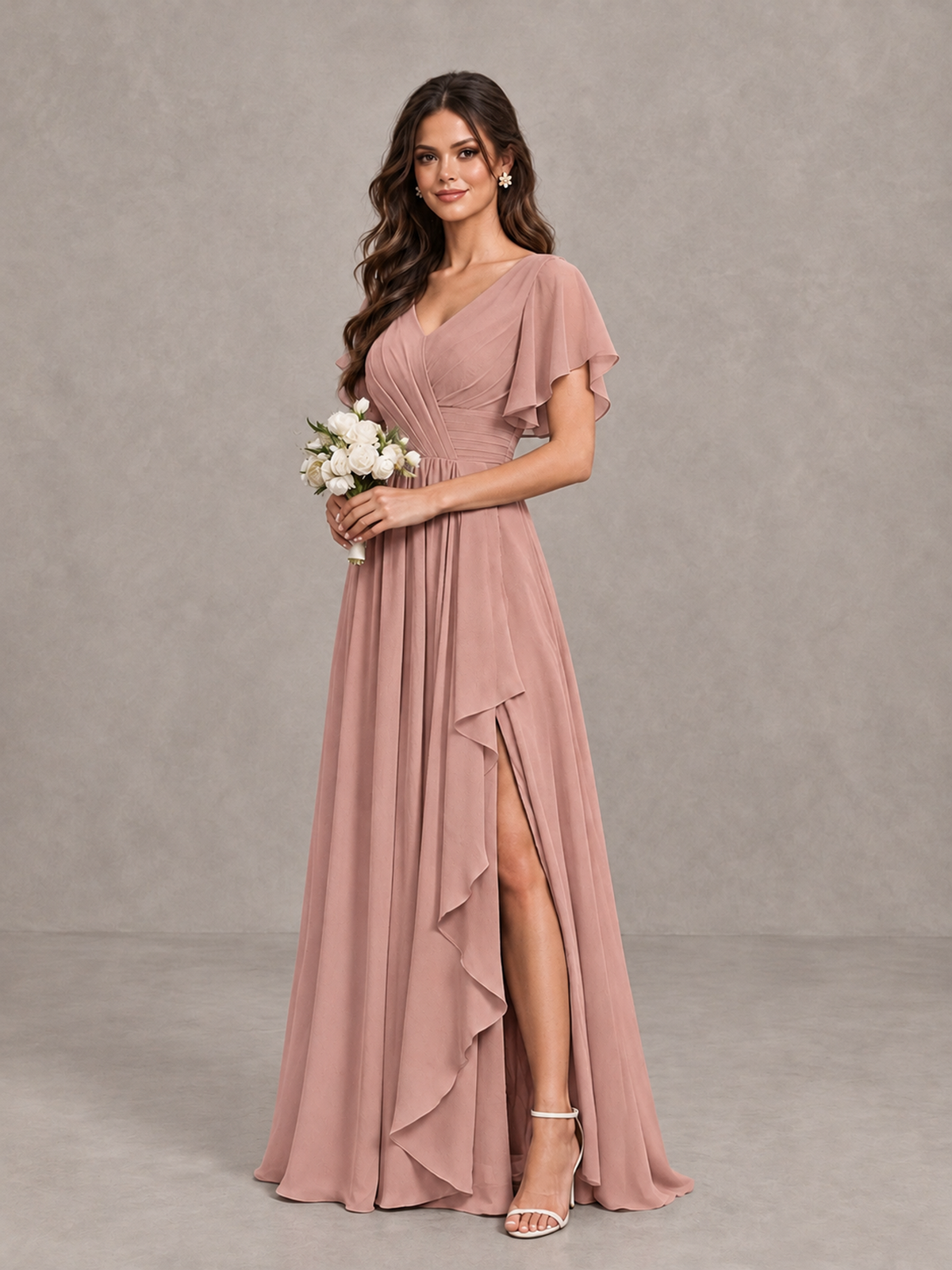 BOLODOO Dusty Rose Flutter Sleeve V-Neck Bridesmaid Dress with Ruffle Slit - Dusty Rose - Dusty Rose_3