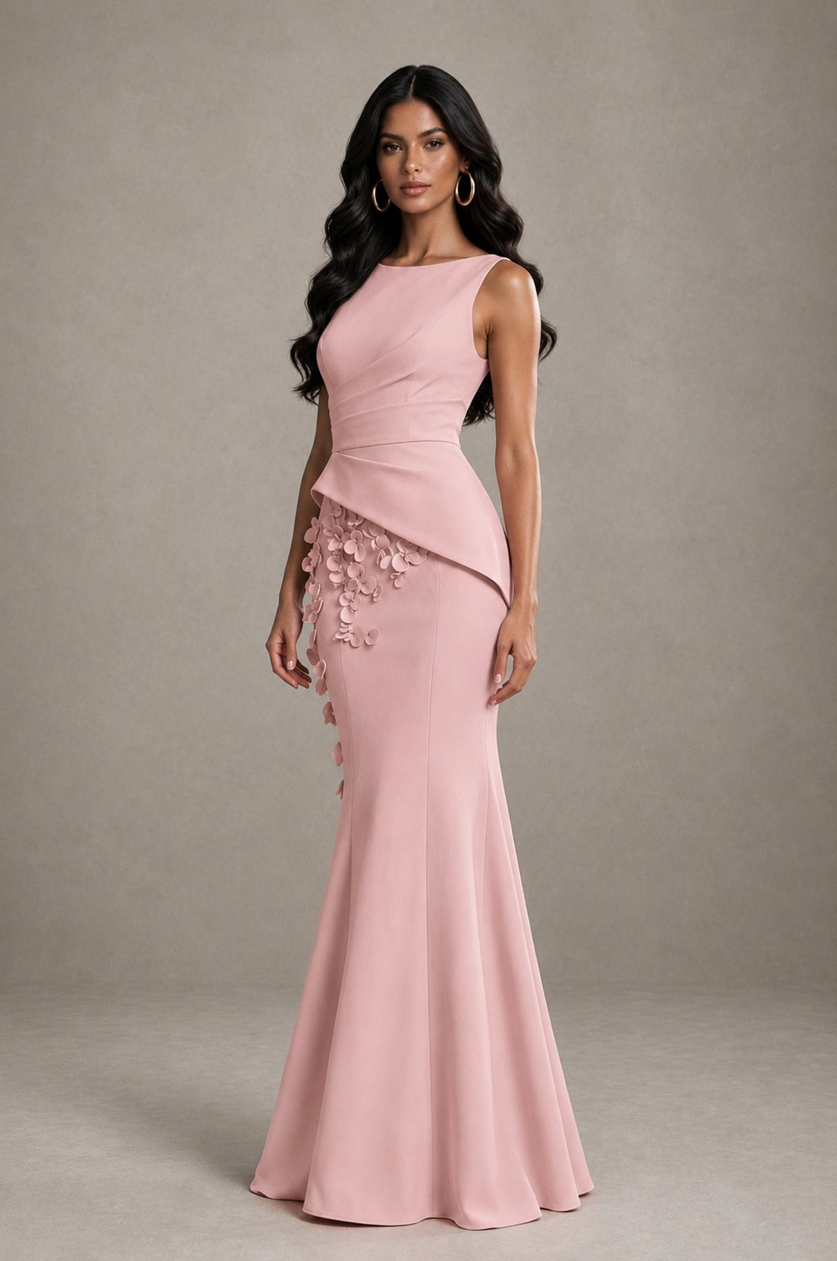BOLODOO Dusty Rose Bateau Neck Sleeveless Asymmetric Peplum 3D Petal Appliqué Mermaid Gown BD0421 - Dusty Rose - Dusty Rose_3