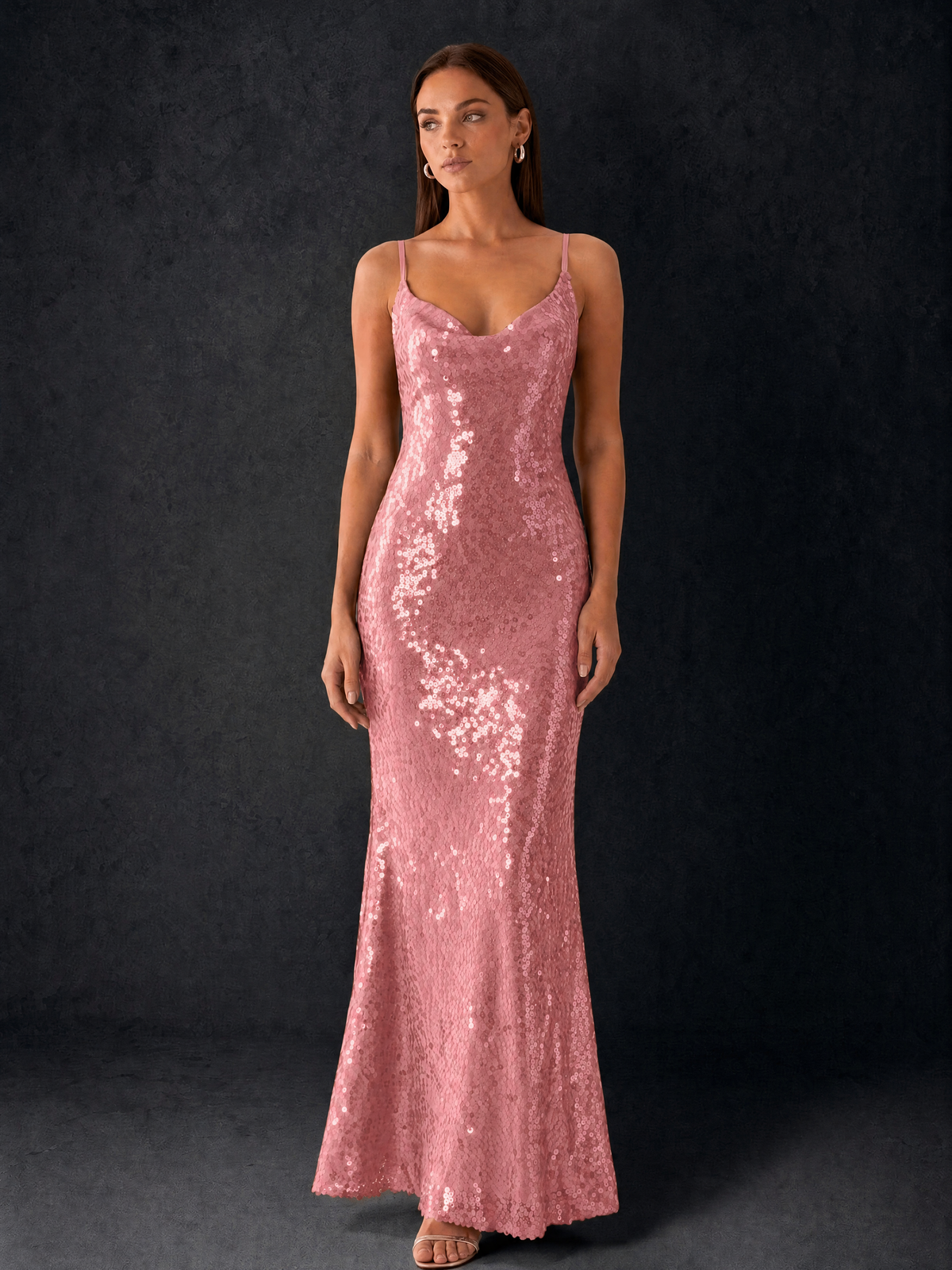 BOLODOO Bronze Sequin Cowl Neck Spaghetti Strap Mermaid Maxi Dress with Open Criss-Cross Back - Dusty Rose - Dusty Rose
