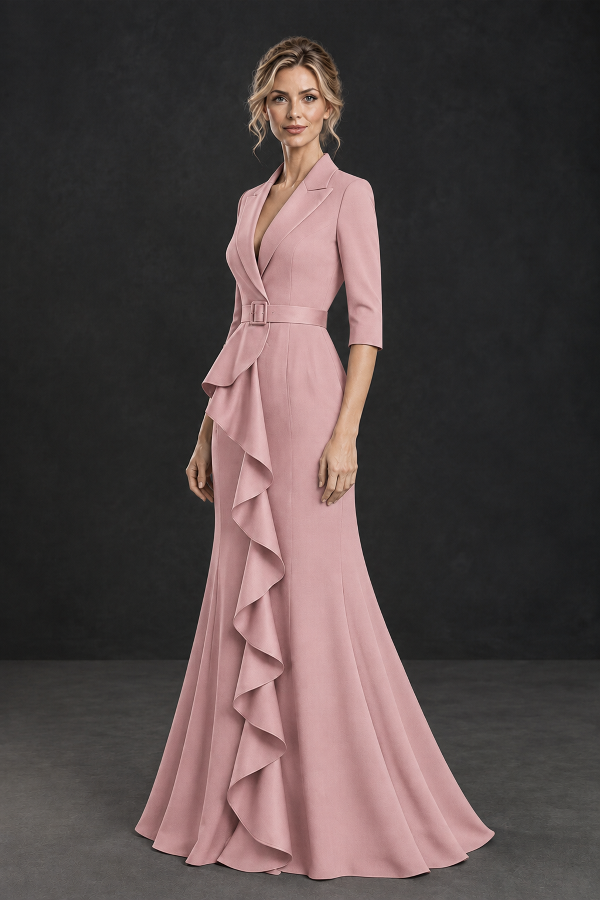 BOLODOO Dusty Rose Lapel Ruffle Mother of the Bride Dress with Belt - Dusty Rose - Dusty Rose_3