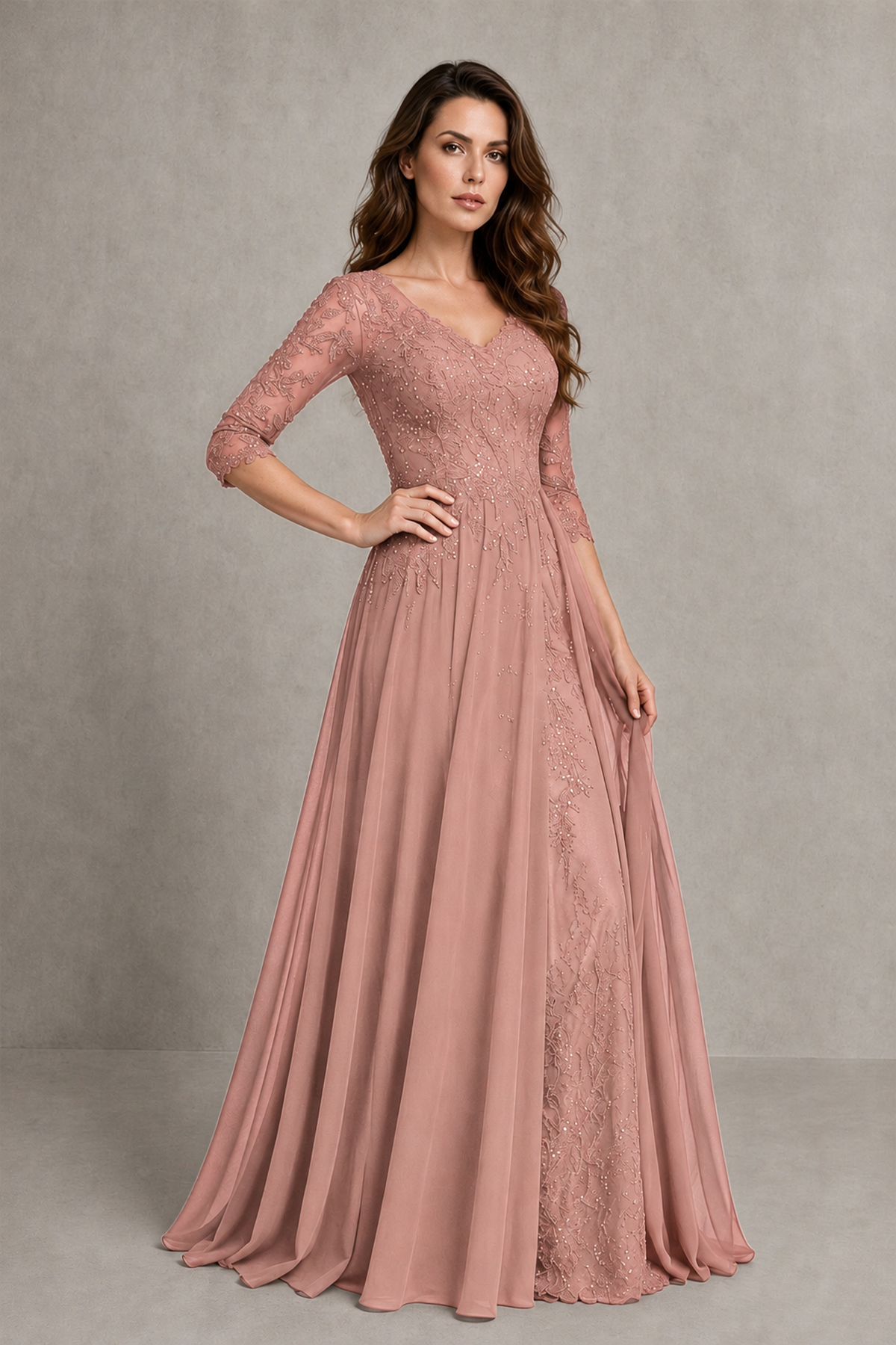 BOLODOO Midnight Dusty Rose Beaded Lace Appliqué Chiffon A-Line Gown | Mother of the Bride & Formal Evening Dress - Dusty Rose - Dusty Rose_3