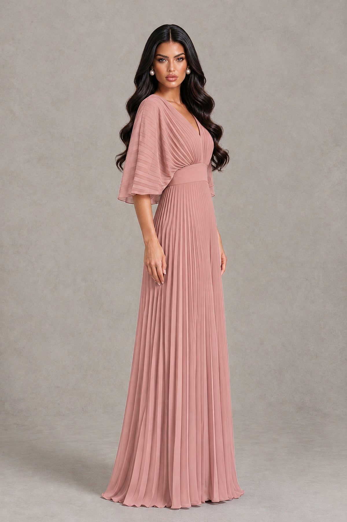 BOLODOO Dusty Rose V-Neck Pleated Flutter Sleeve Formal Dress - Dusty Rose - Dusty Rose_3