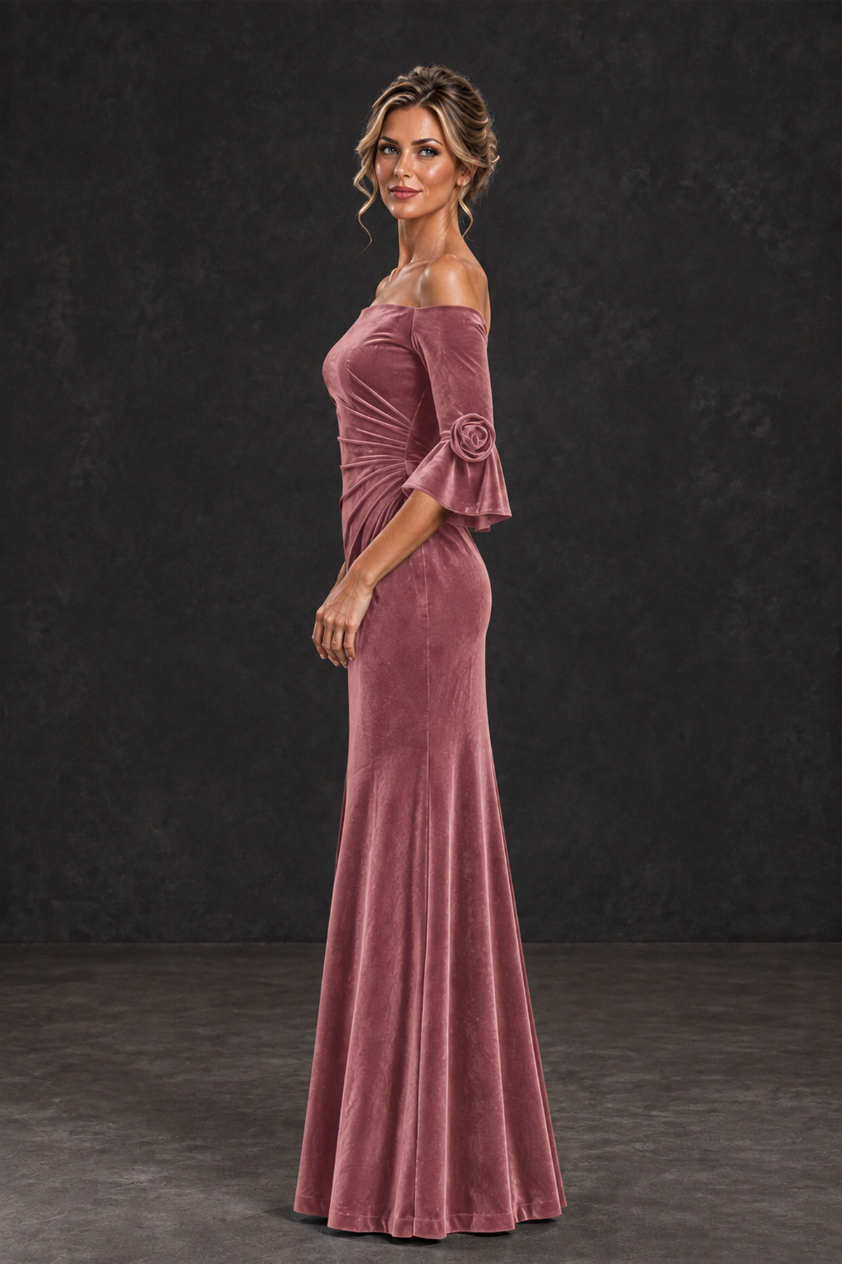 BOLODOO Dusty Rose Velvet Off-Shoulder Mother of the Bride Dress – 3/4 Floral Cuff Sleeve Mermaid Evening Gown - Dusty Rose - Dusty Rose_3