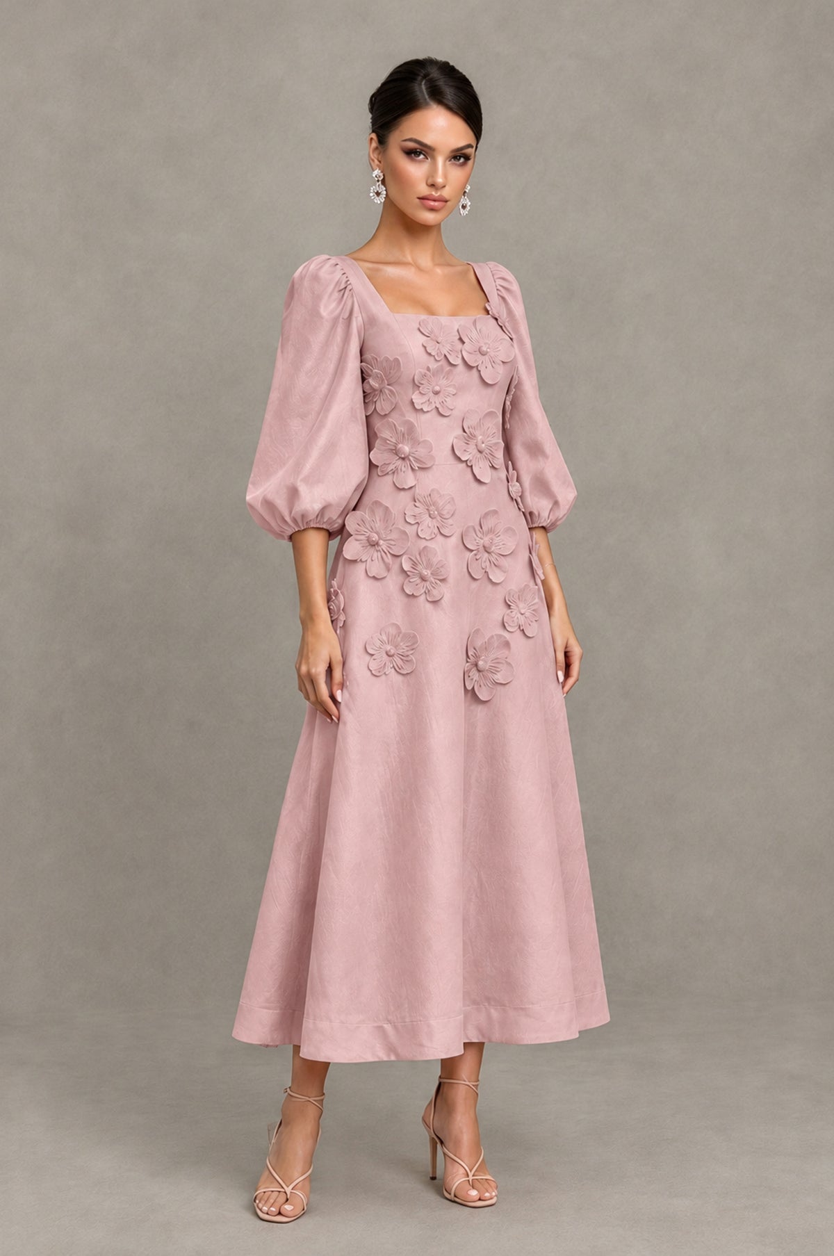 BOLODOO Dusty Rose 3D Floral Puff Sleeve Midi Cocktail Dress - Dusty Rose - Dusty Rose_3