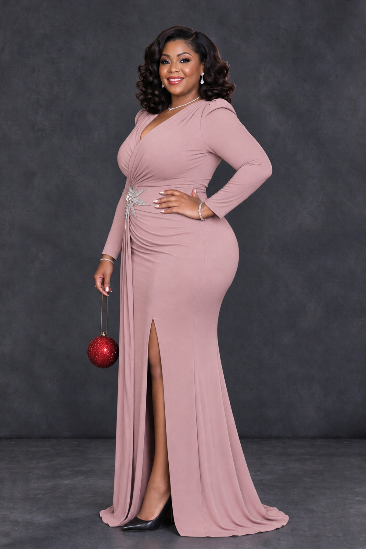BOLODOO Dusty Rose Plus Size Long Sleeve V-Neck Mother of the Bride Dress with Slit - Dusty Rose - Dusty Rose_3