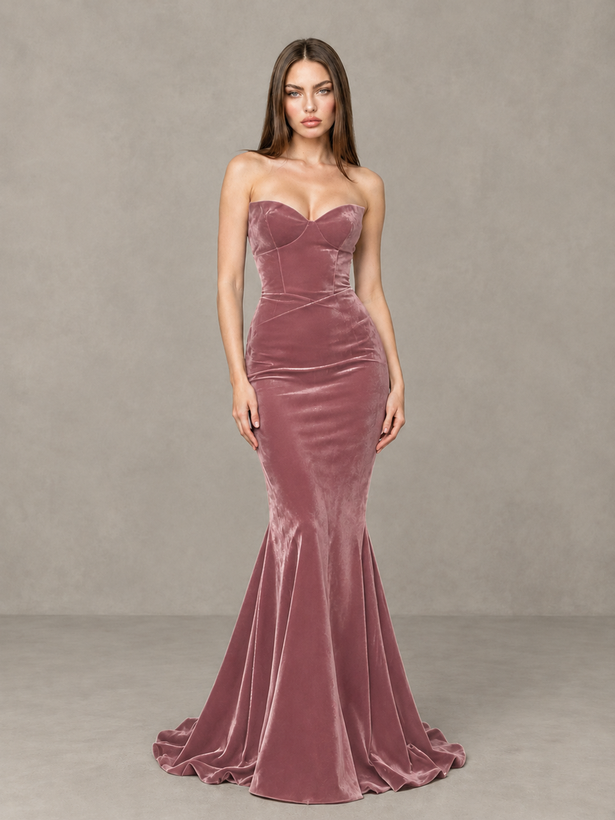 BOLODOO Dusty Rose Strapless Sweetheart Velvet-Look Mermaid Evening Dress - Dusty Rose - Dusty Rose_3