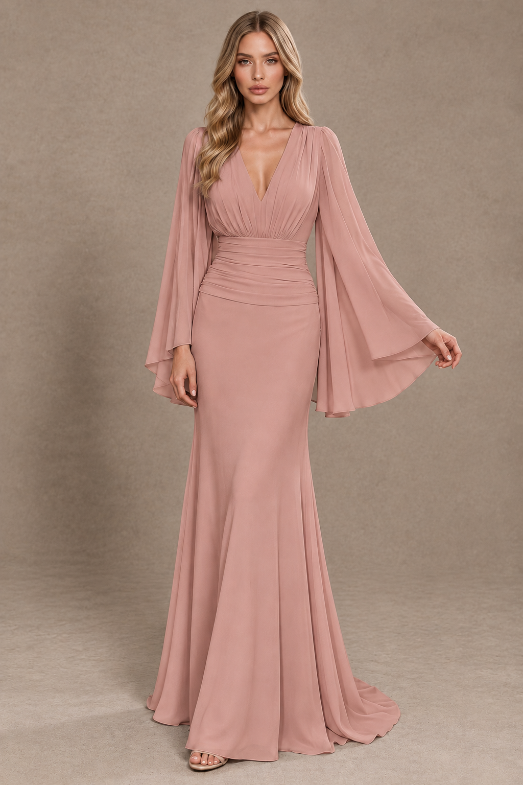 BOLODOO Dusty Rose Cape Sleeve V-Neck Ruched Chiffon Evening Dress - Dusty Rose - Dusty_Rose_3