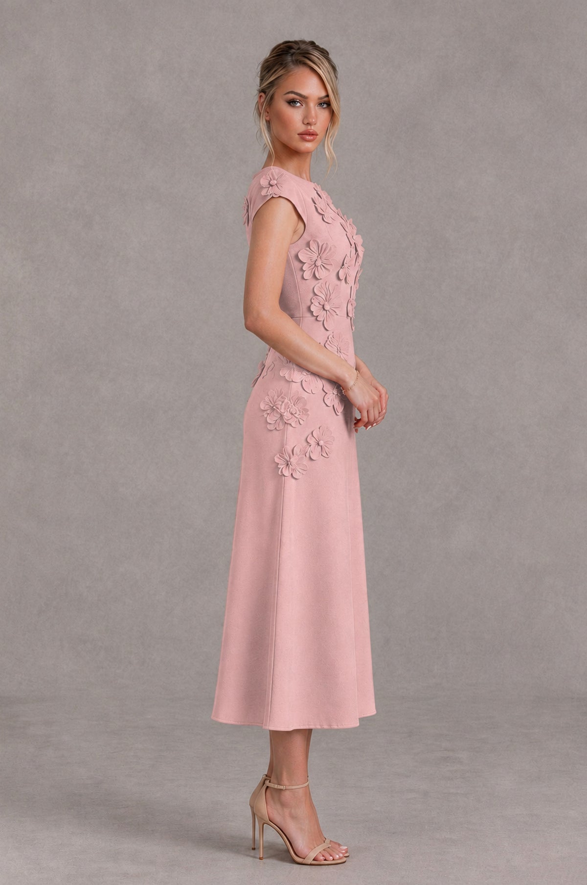 BOLODOO Dusty Rose 3D Floral Cap Sleeve Midi Cocktail Dress - Dusty Rose - Dusty Rose_3