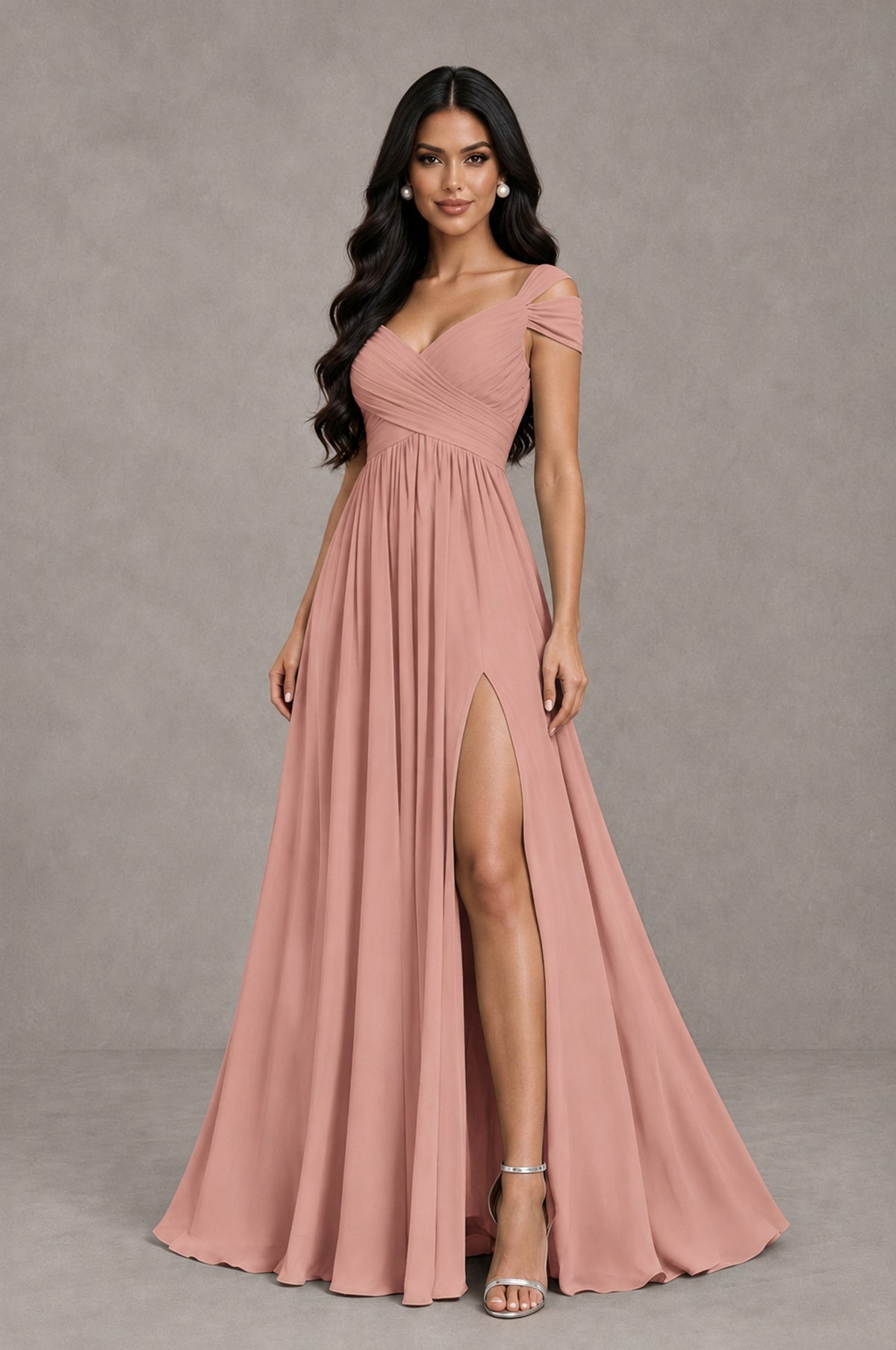BOLODOO Dusty Rose Cold Shoulder Chiffon Evening Dress with V Neck and High Slit - Dusty Rose - Dusty Rose_3