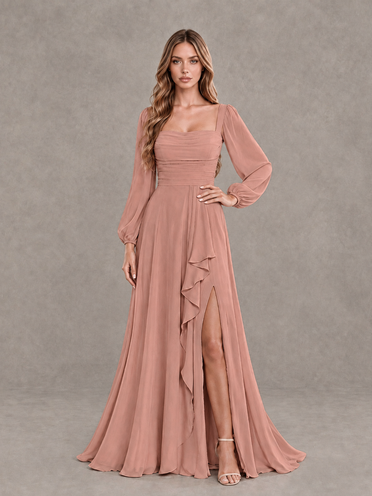 BOLODOO Dusty Rose Square Neck Long Sleeve Bridesmaid Dress with Ruffle Slit - Dusty Rose - Dusty Rose_3