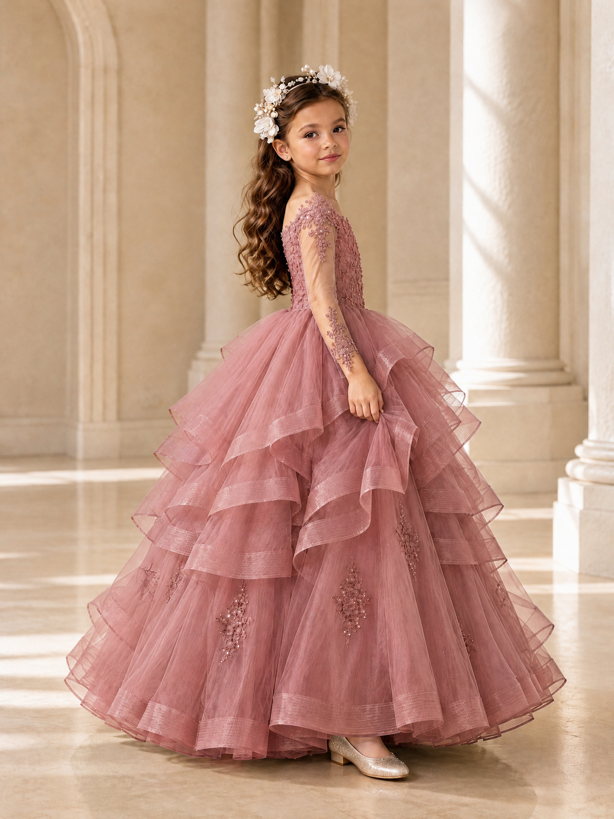 BOLODOO Dusty Rose Lace Long Sleeve Tiered Flower Girl Dress - Dusty Rose - Dusty_Rose_3
