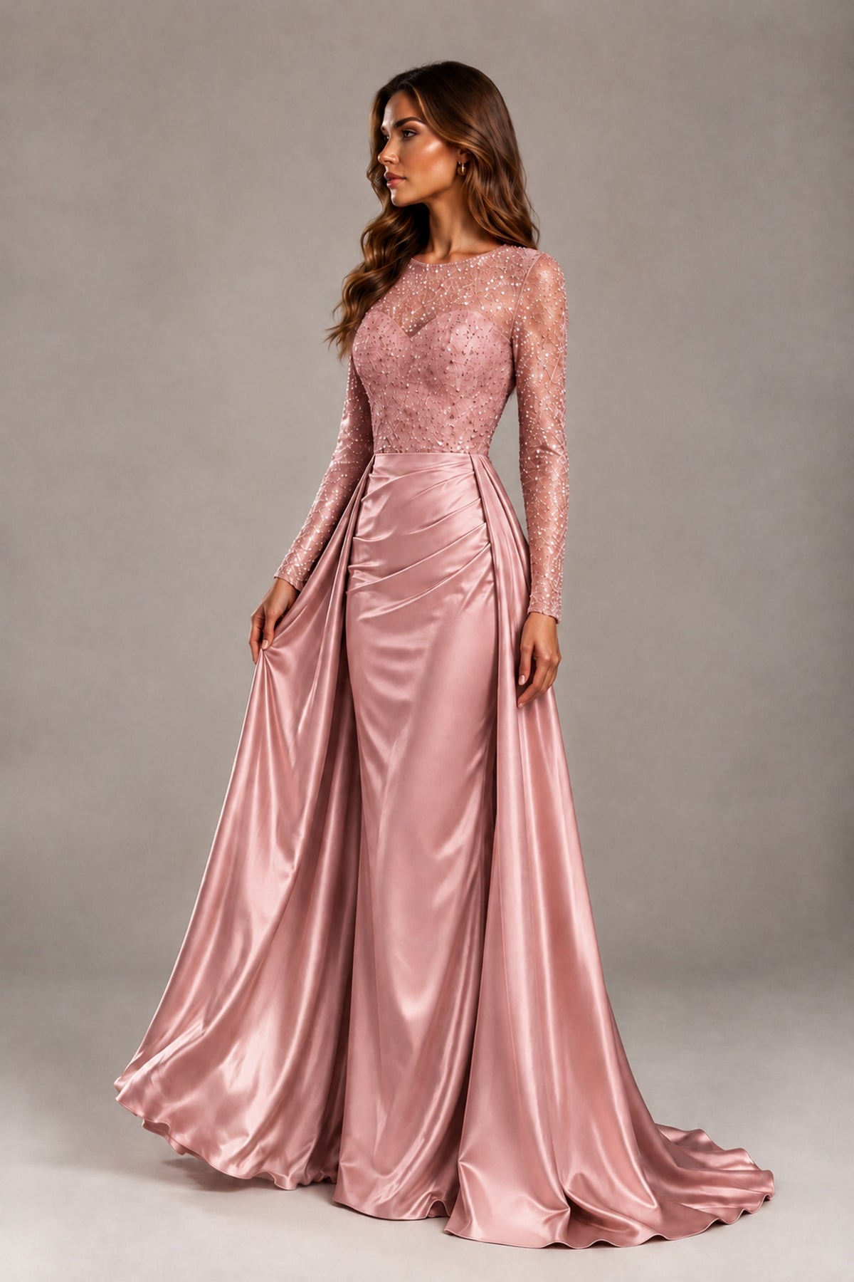 BOLODOO Dusty Rose Long Sleeve Embellished Satin Evening Gown with Sweep Train - Dusty Rose - Dusty Rose_3