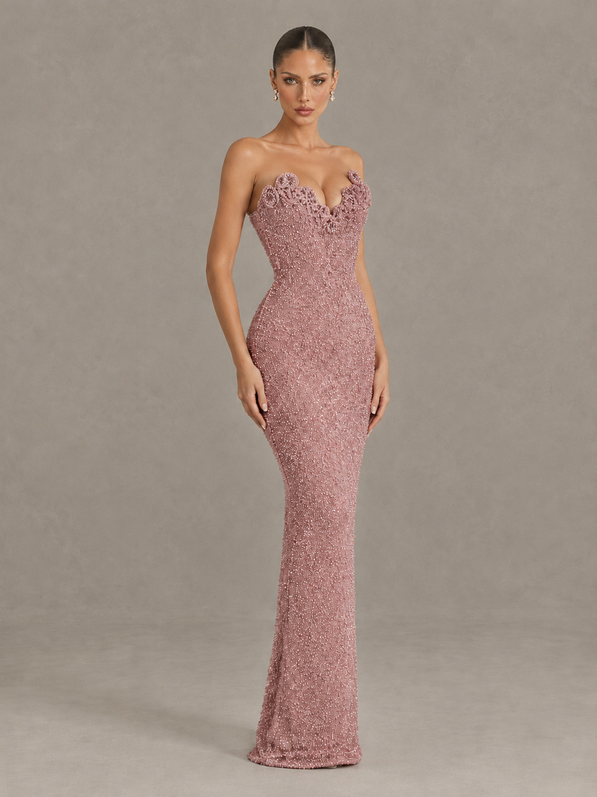 BOLODOO Dusty Rose Strapless Sequin Evening Gown with Floral Neckline - Dusty Rose - Dusty Rose_3