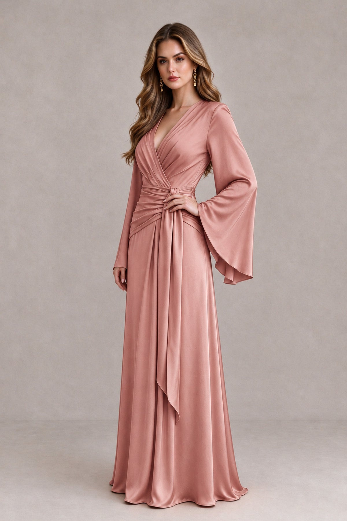 BOLODOO Dusty Rose Yellow Satin-Look V-Neck Long Bell Sleeve Evening Dress - Dusty Rose - Dusty_Rose_3