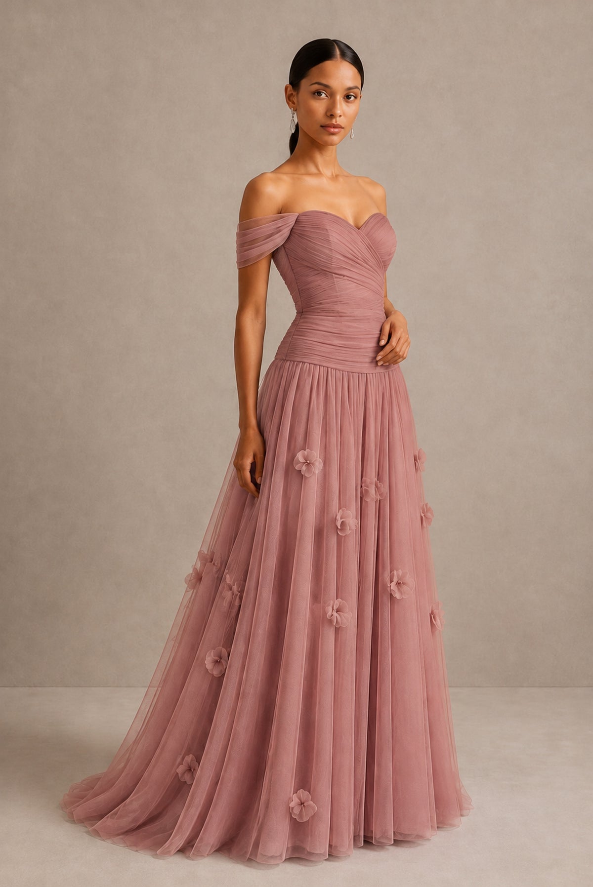 Dusty Rose Off-Shoulder Sweetheart A-Line Tulle Gown with 3D Floral Appliques | BOLODOO - Dusty Rose
