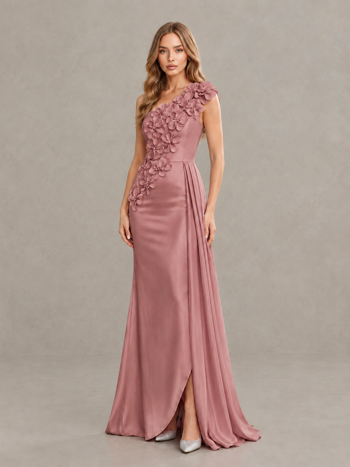 BOLODOO Dusty Rose One-Shoulder Satin Mermaid Evening Gown with 3D Floral Appliqué - Dusty Rose - Dusty Rose_3