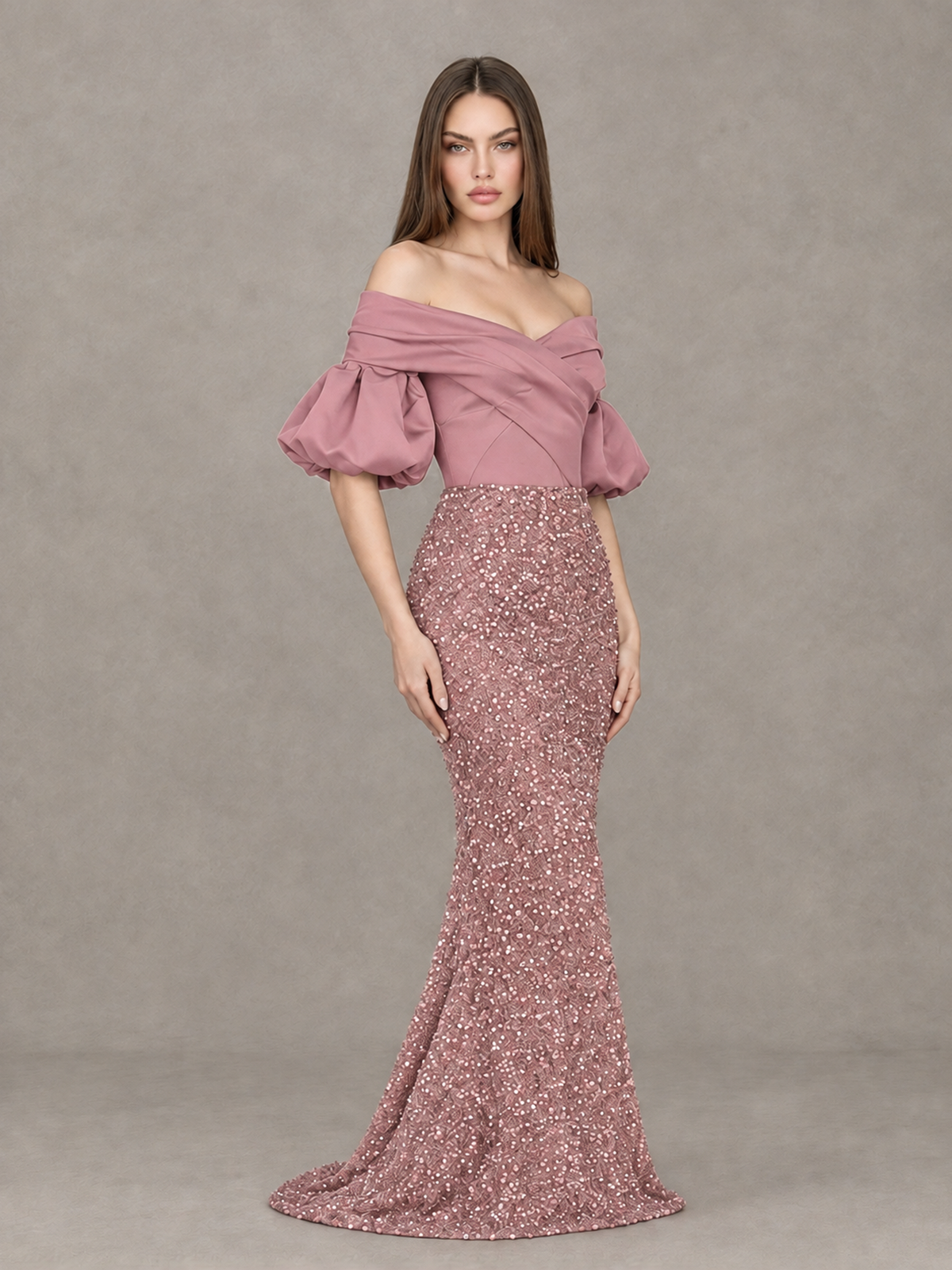 BOLODOO Dusty Rose Off-Shoulder Puff Sleeve Sequin Mermaid Evening Dress - Dusty Rose - Dusty Rose_3