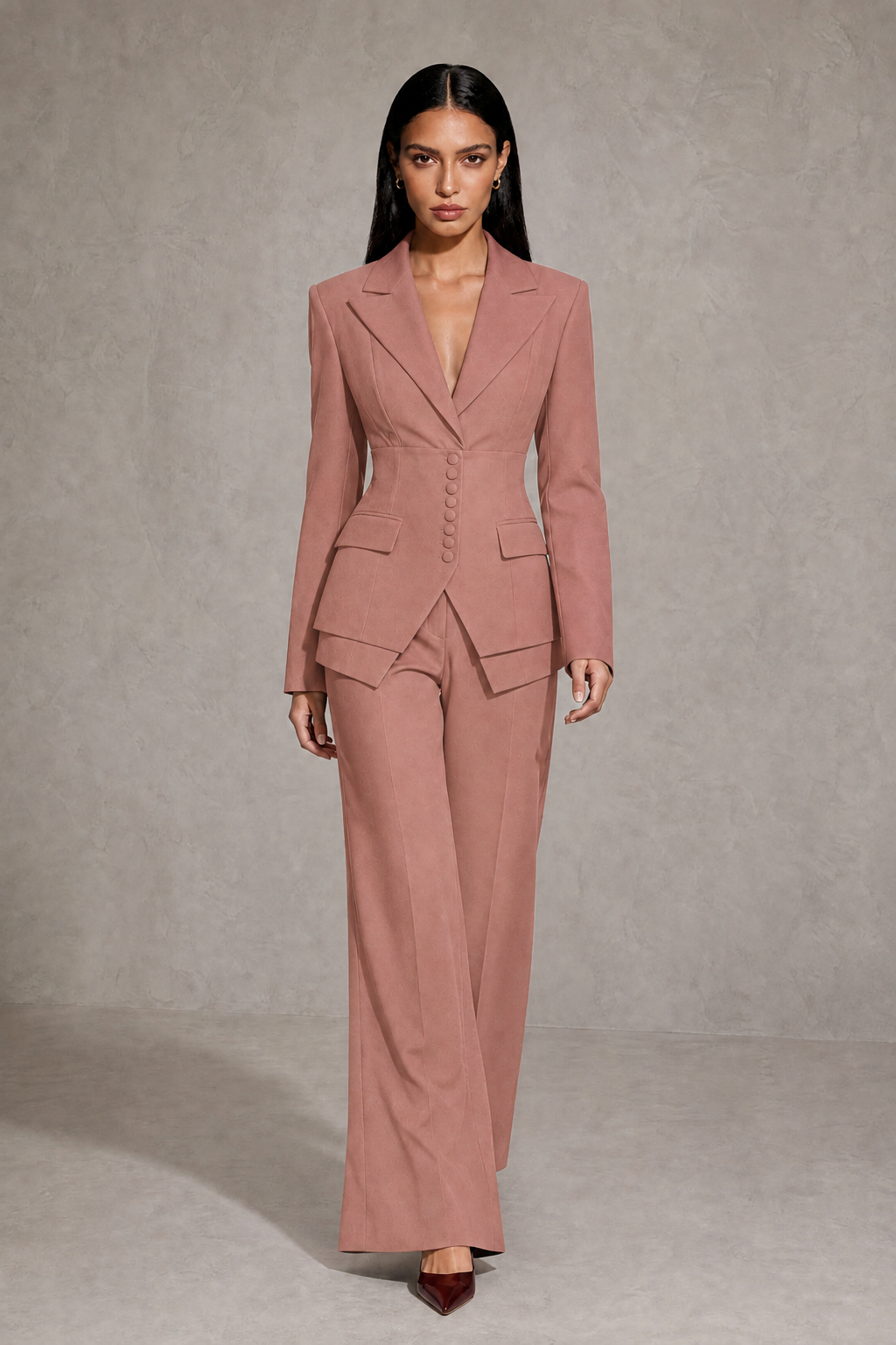 BOLODOO Dusty Rose Cinched Waist Blazer and Wide Leg Pants Two Piece Suit Set - Dusty Rose
