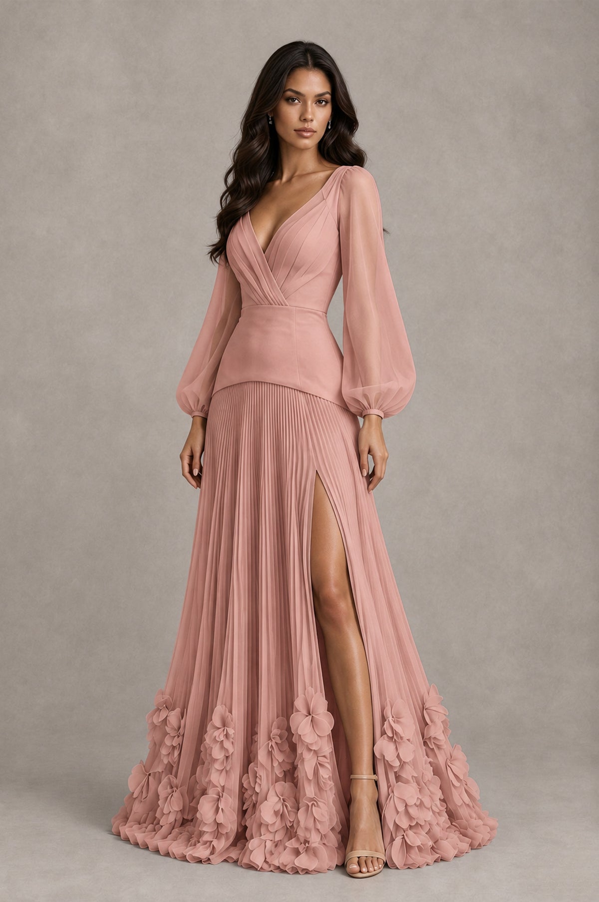 BOLODOO Dusty Rose V-Neck Long Sleeve Pleated Floral Hem Evening Dress - Dusty Rose - Dusty Rose_3