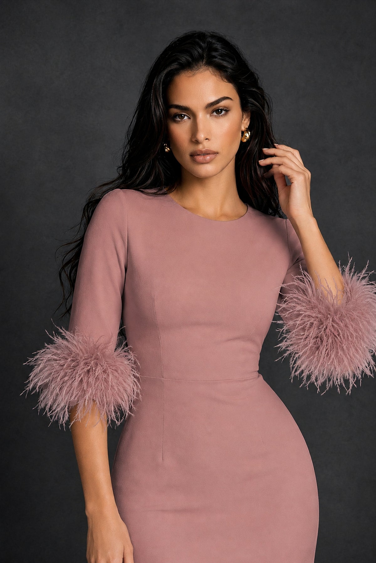 BOLODOO Dusty Rose Ostrich Feather Cuff 3/4 Sleeve Round Neck Bodycon Midi Dress with Back Slit - Dusty Rose