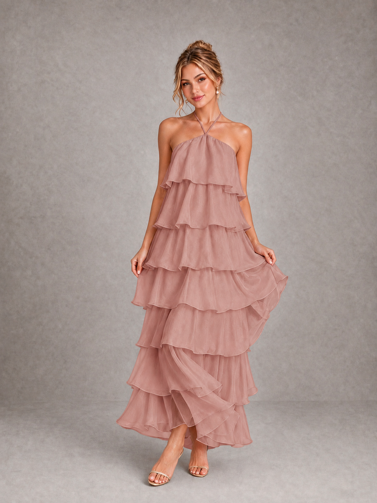 BOLODOO Dusty Rose Halter Tiered Ruffle Maxi Bridesmaid Dress - Dusty Rose - Dusty Rose_3