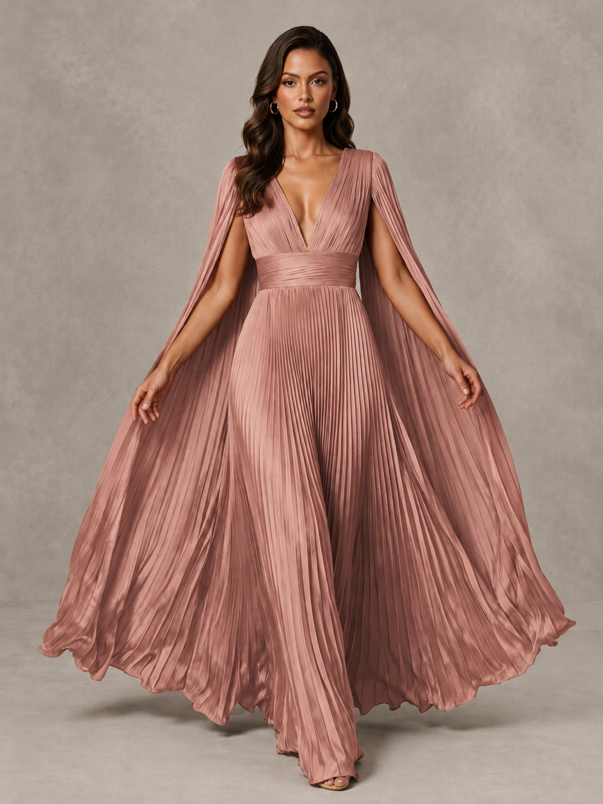 BOLODOO Dusty Rose Deep V-Neck Pleated Cape Sleeve Evening Gown - Dusty Rose - Dusty Rose_3