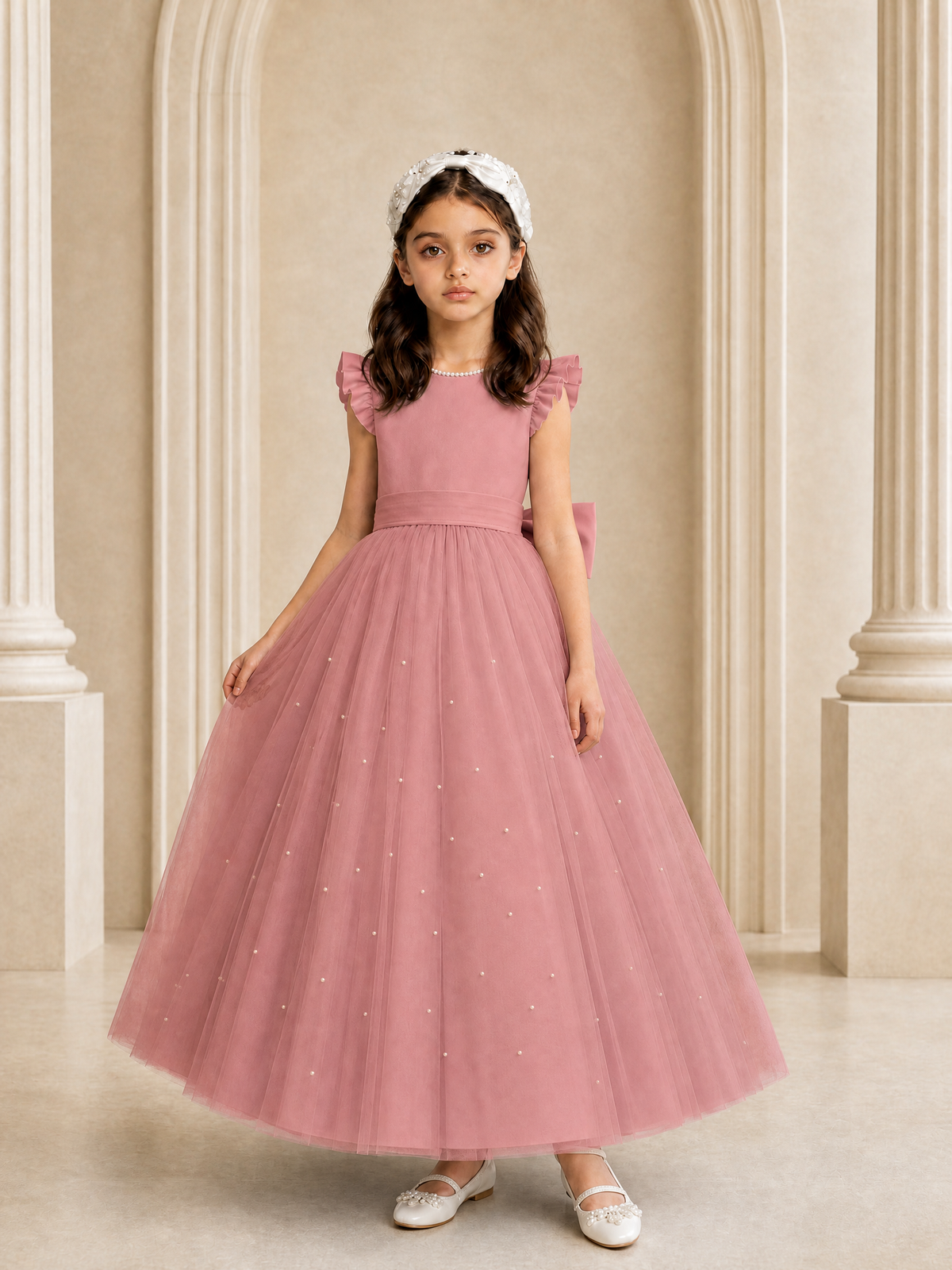 BOLODOO Dusty Rose Tulle Flower Girl Dress with Ruffle Sleeves & Bow Back - Dusty Rose - Dusty_Rose_3