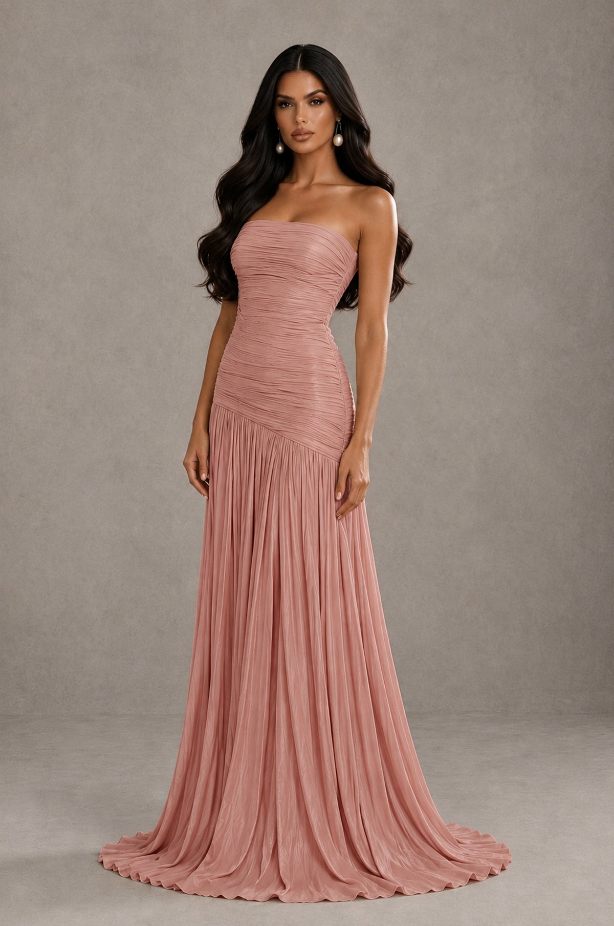 BOLODOO Dusty Rose Metallic Ruched Strapless Pleated A-Line Backless Maxi Dress with Train - Dusty Rose - Dusty Rose_3
