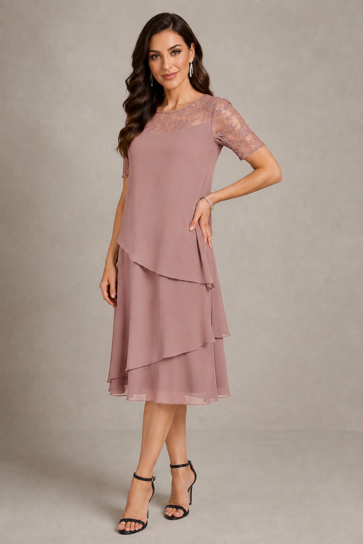 BOLODOO Dusty Rose Illusion Lace Short Sleeve Tiered Chiffon Tea Length Dress | Mother of the Bride Midi Dress - Dusty Rose