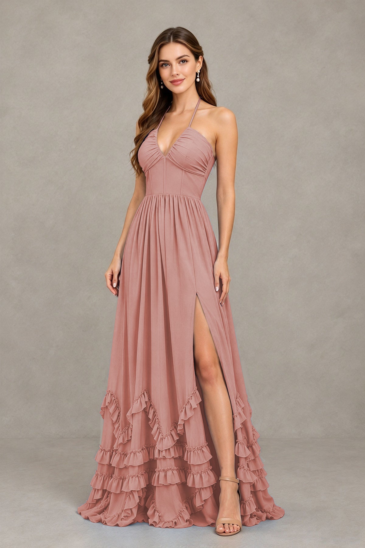 BOLODOO Dusty Rose Halter Ruffle Hem A-Line Bridesmaid Dress with High Slit - Dusty Rose - Dusty Rose(3)