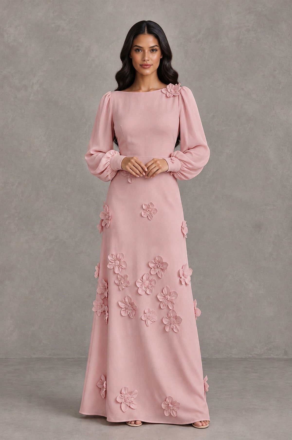BOLODOO Dusty Rose Long Sleeve Floral Applique A-Line Evening Dress - Dusty Rose - Dusty Rose_3